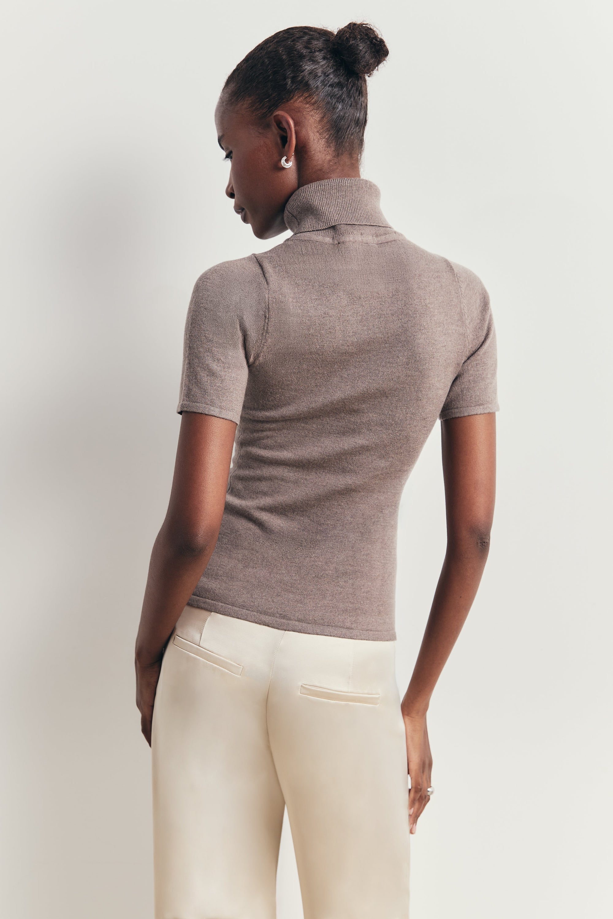 Wool Blend Cap Sleeve Polo Neck Top - Taupe