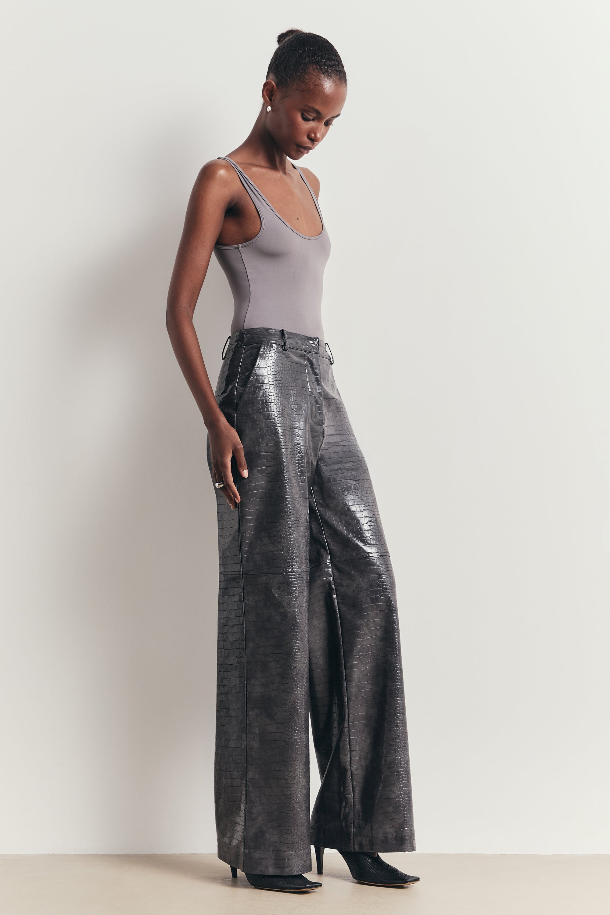 Croc Embossed Leather Wide Leg Trousers - Slate