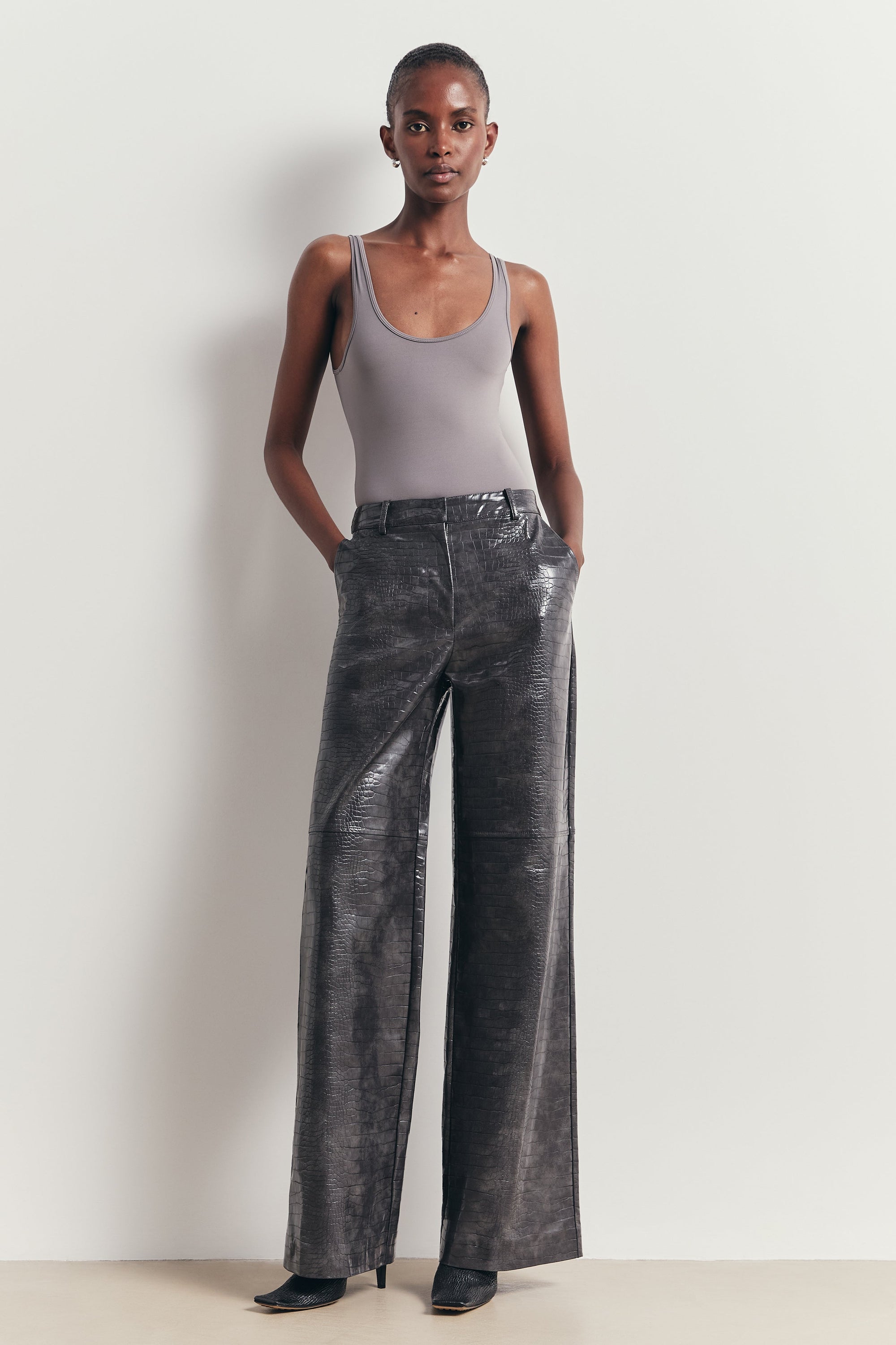 Croc Embossed Leather Wide Leg Trousers - Slate