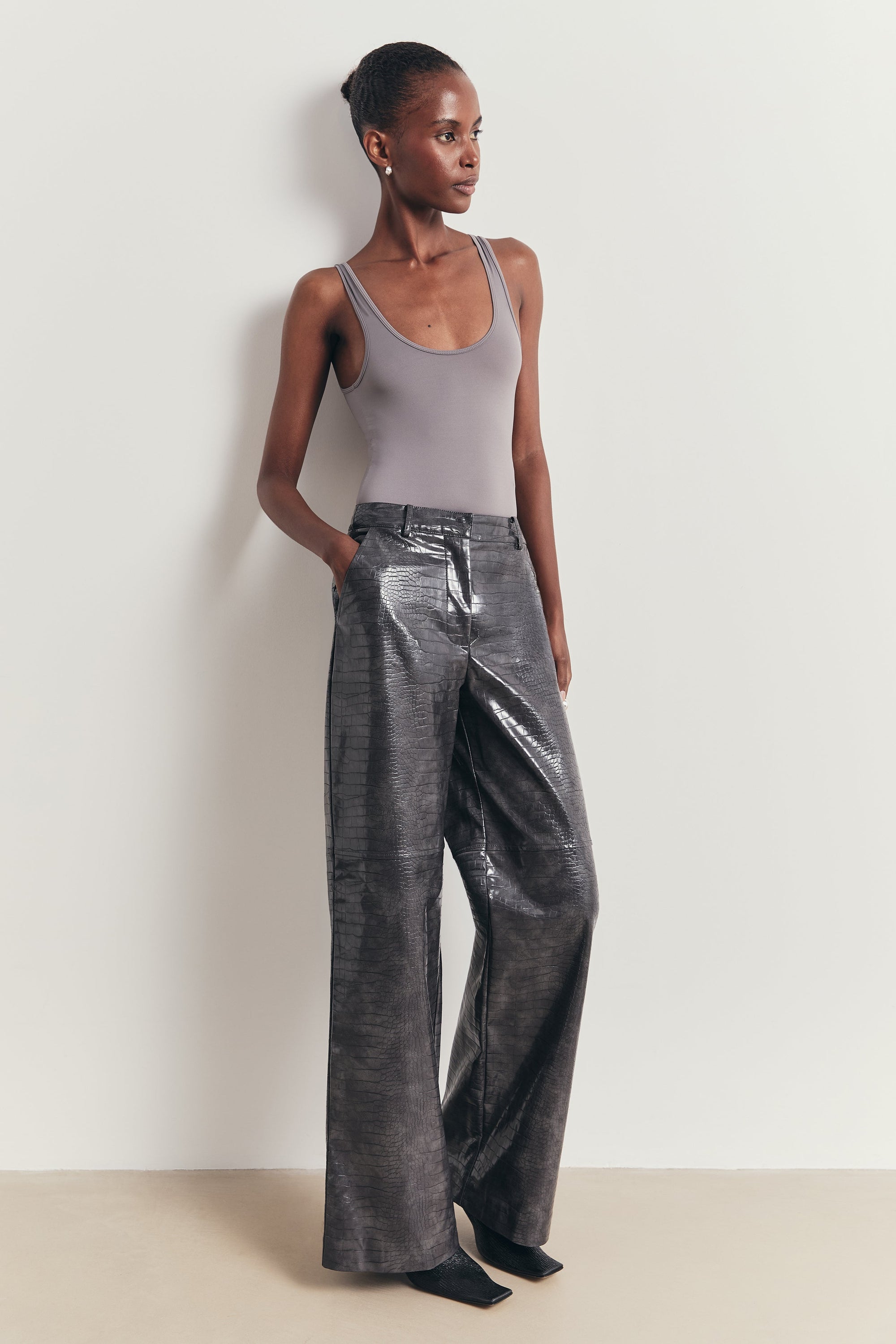 Croc Embossed Leather Wide Leg Trousers - Slate