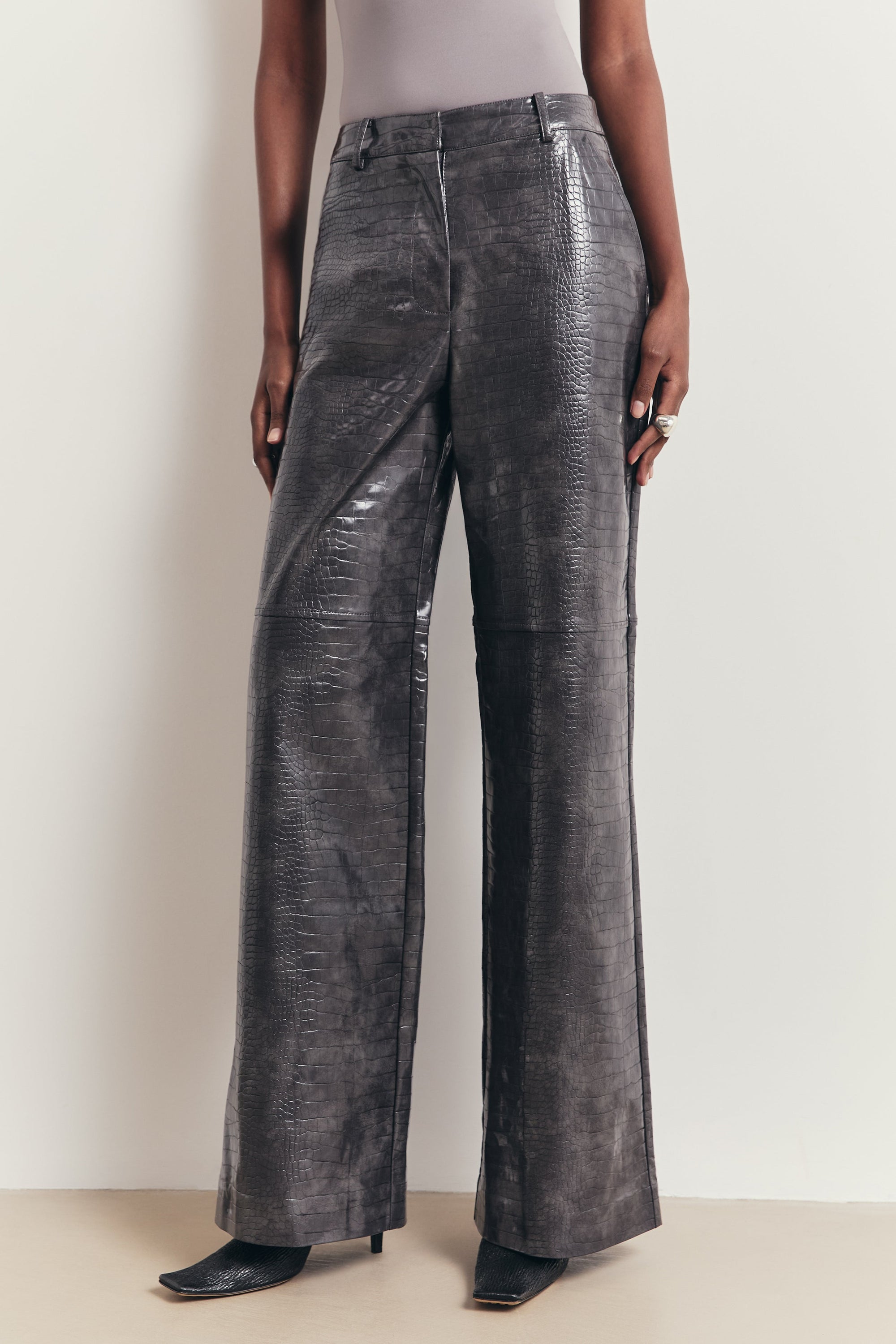 Croc Embossed Leather Wide Leg Trousers - Slate