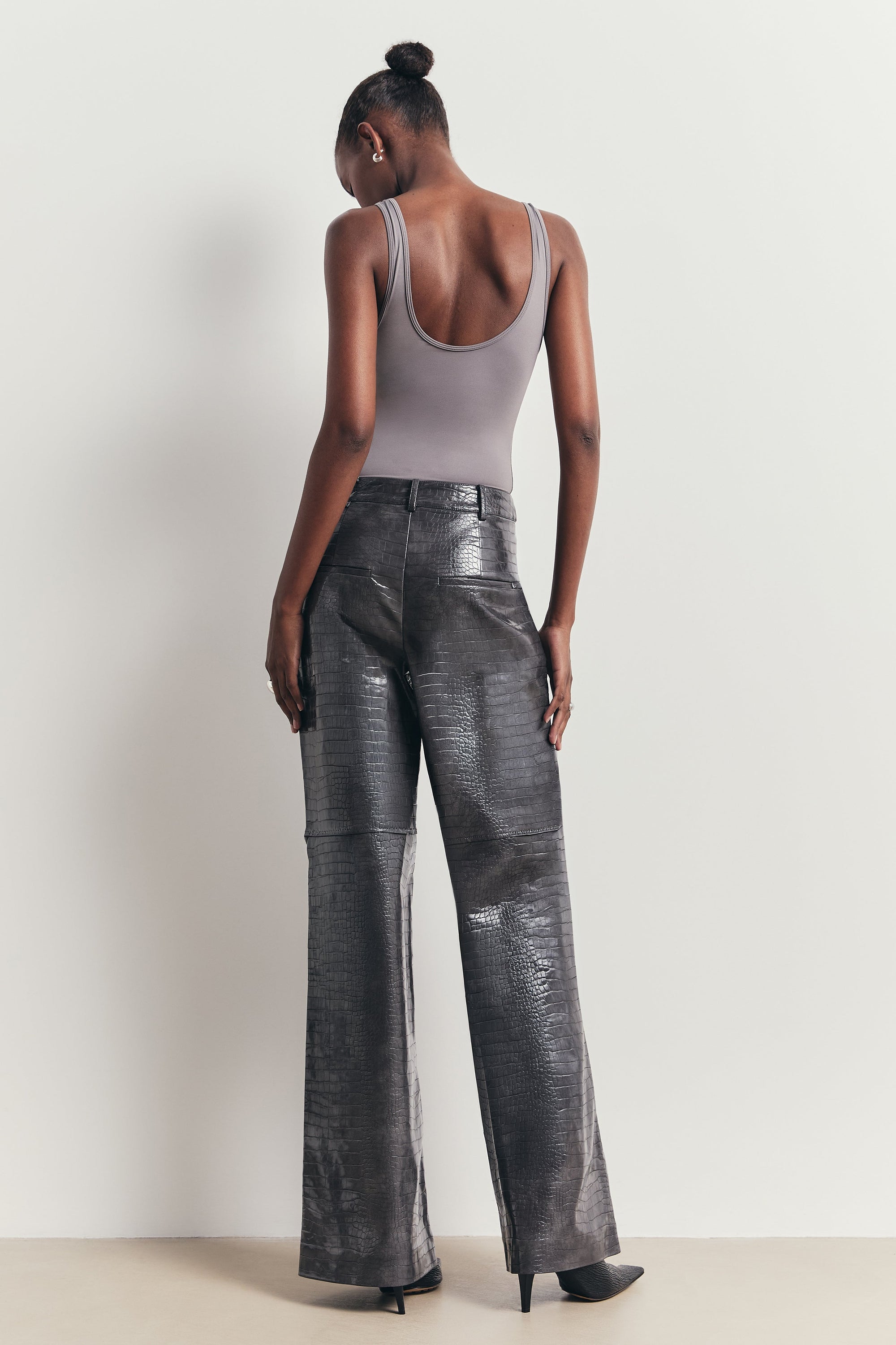 Croc Embossed Leather Wide Leg Trousers - Slate