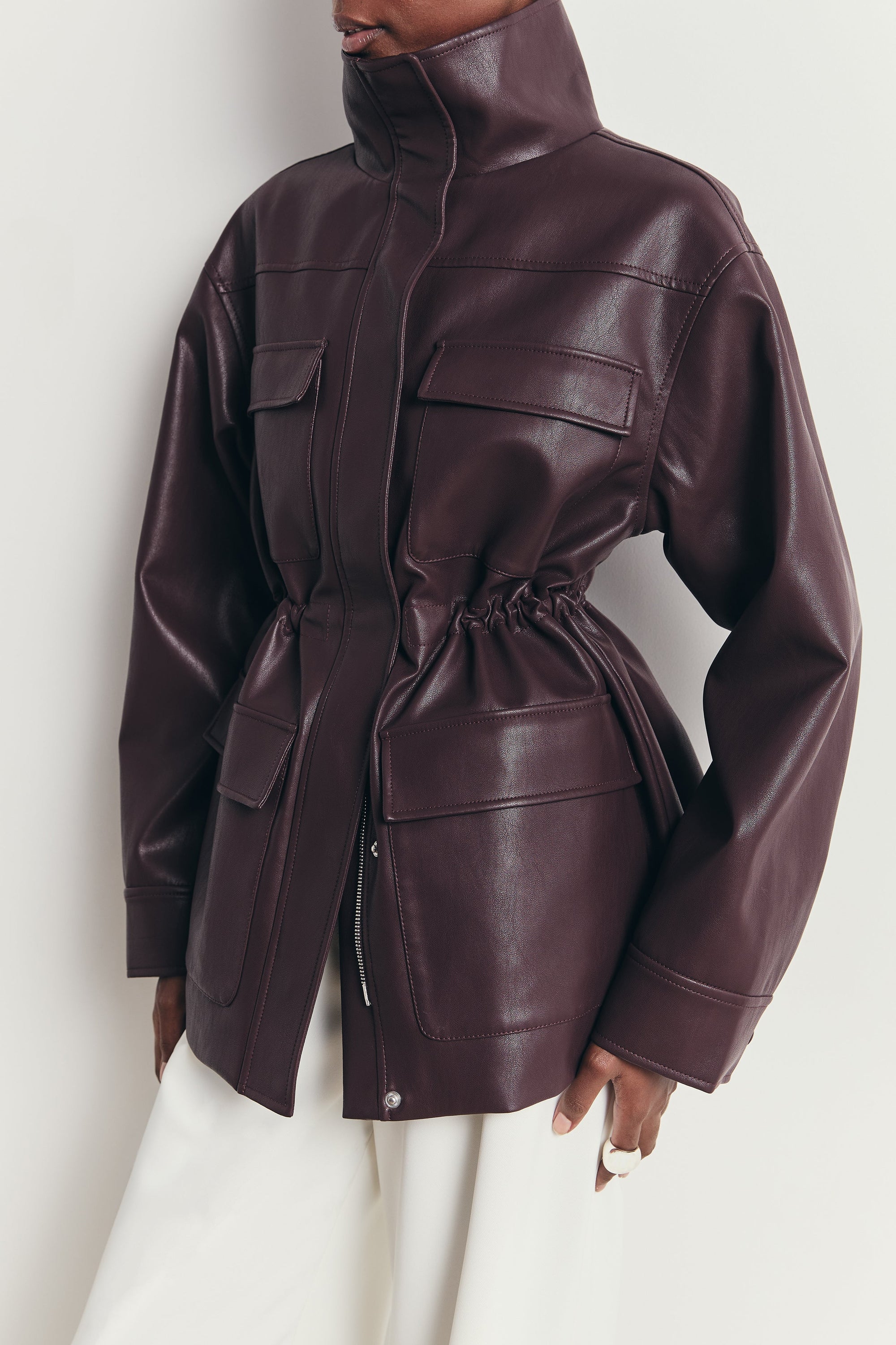 Leather Cargo Utility Jacket - Oxblood