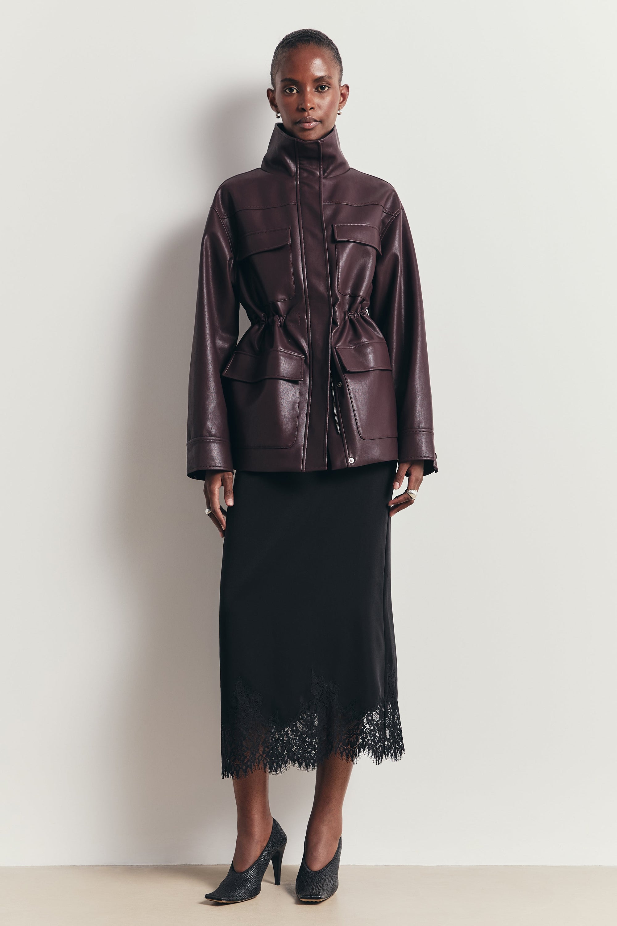 Leather Cargo Utility Jacket - Oxblood