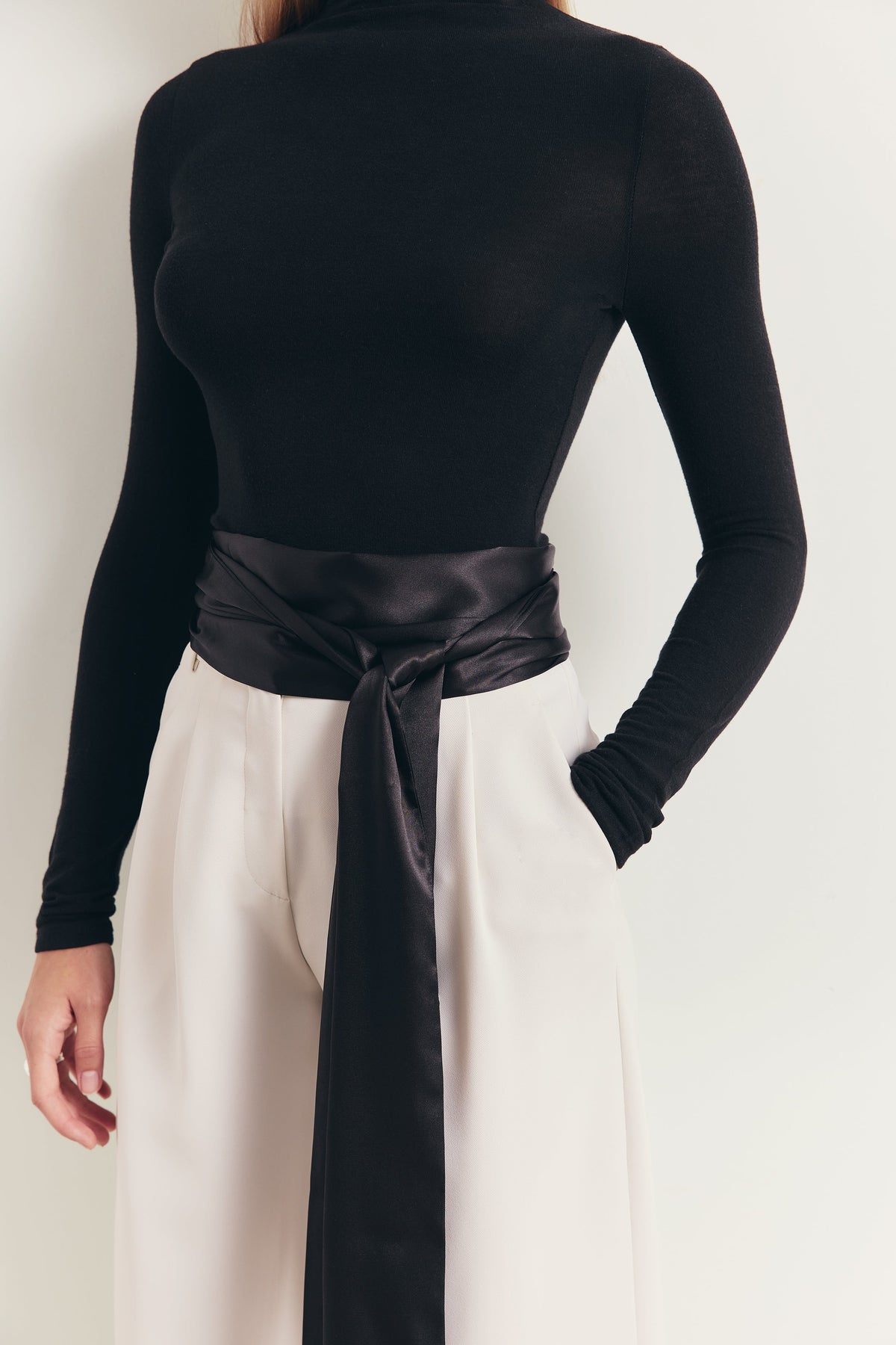 Satin Scarf with Fringing - Black