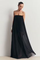 Strapless Chiffon Layered Corset Maxi Dress - Black