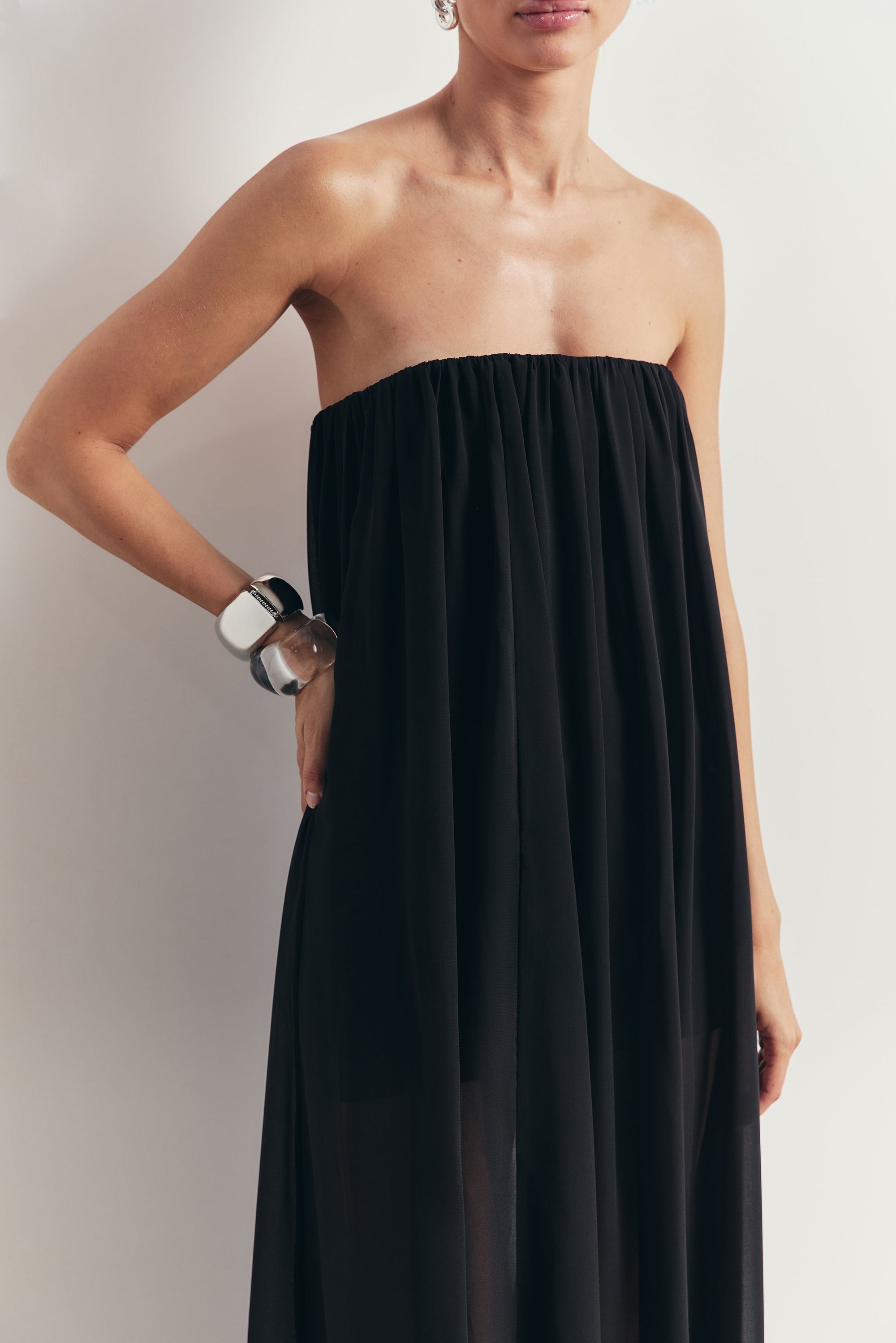 Strapless Chiffon Layered Corset Maxi Dress - Black