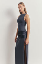 Dropped Waist Satin Panel Gown - Petrol