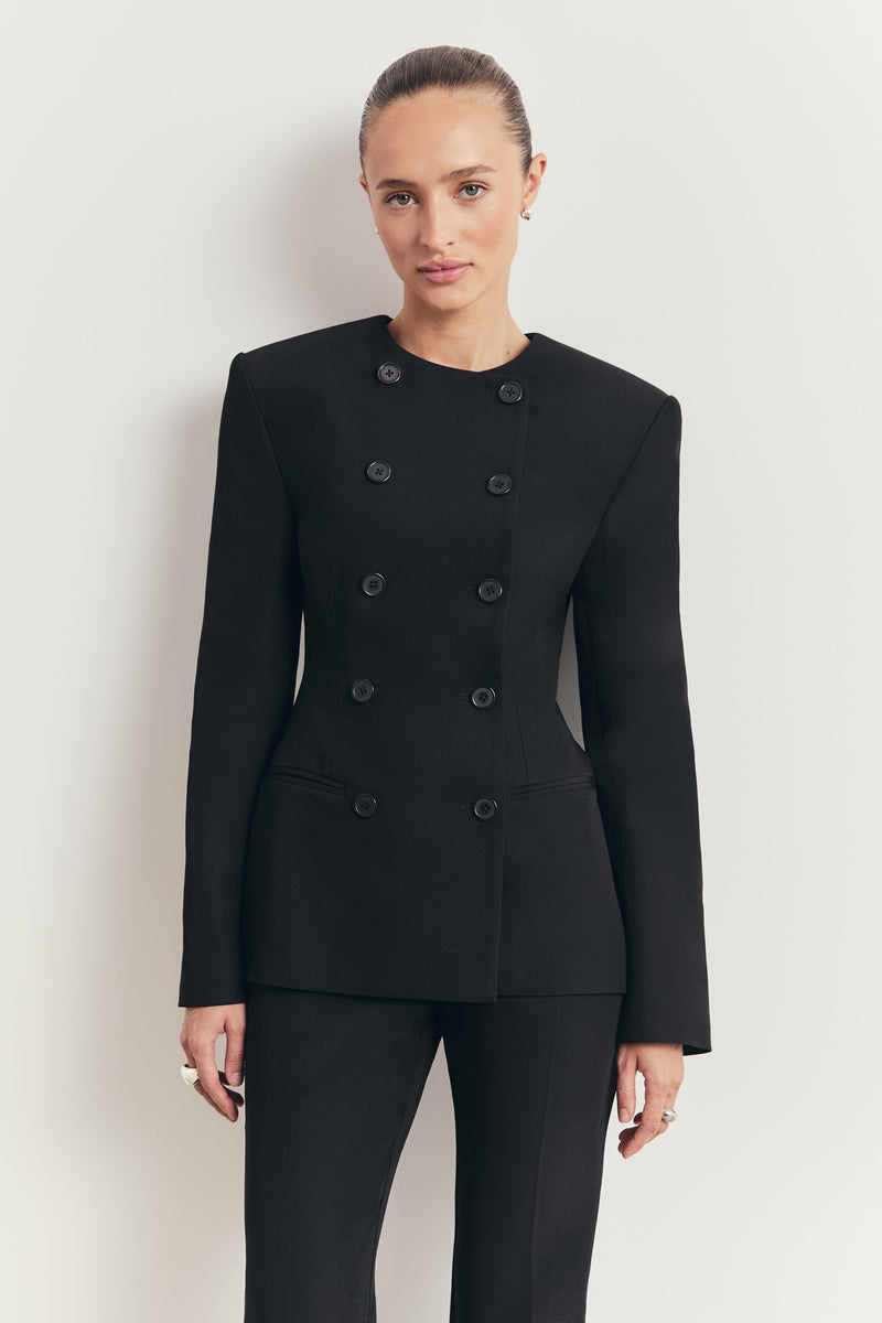 Tailored Collarless Blazer - Black
