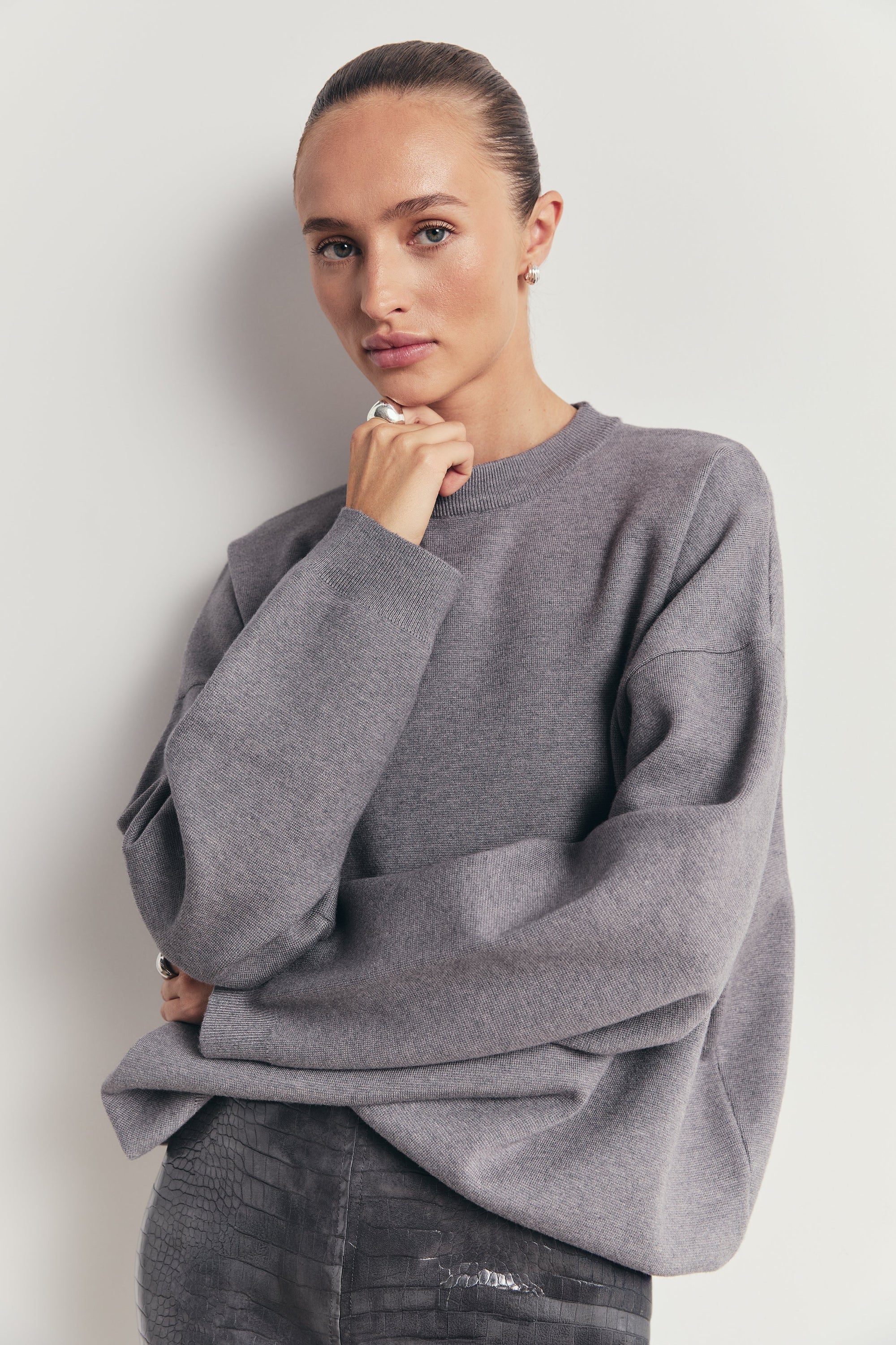 Relaxed Dropped Shoulder Crew Neck Jumper - Slate