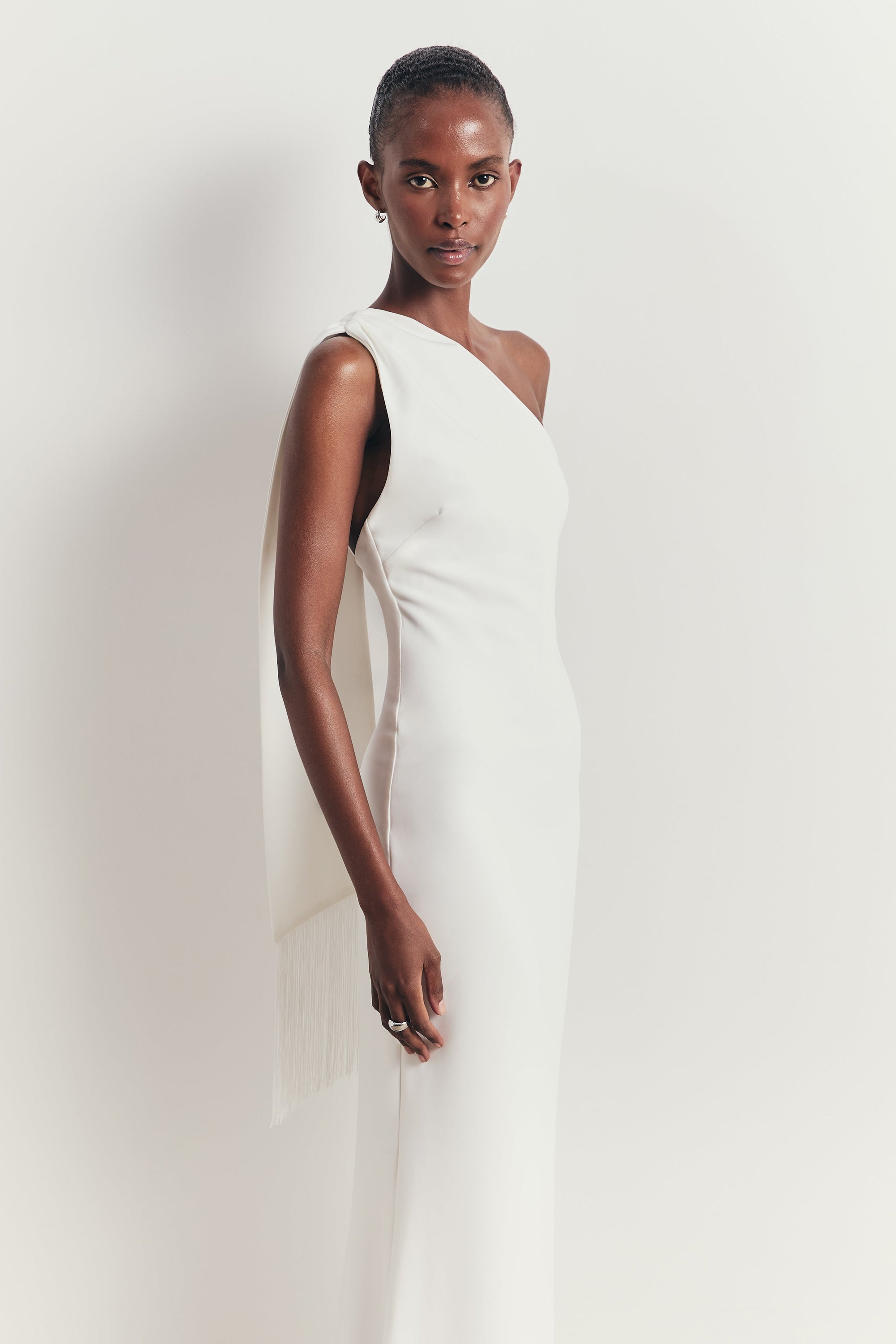 Asymmetric Scarf Gown With Fringing - White