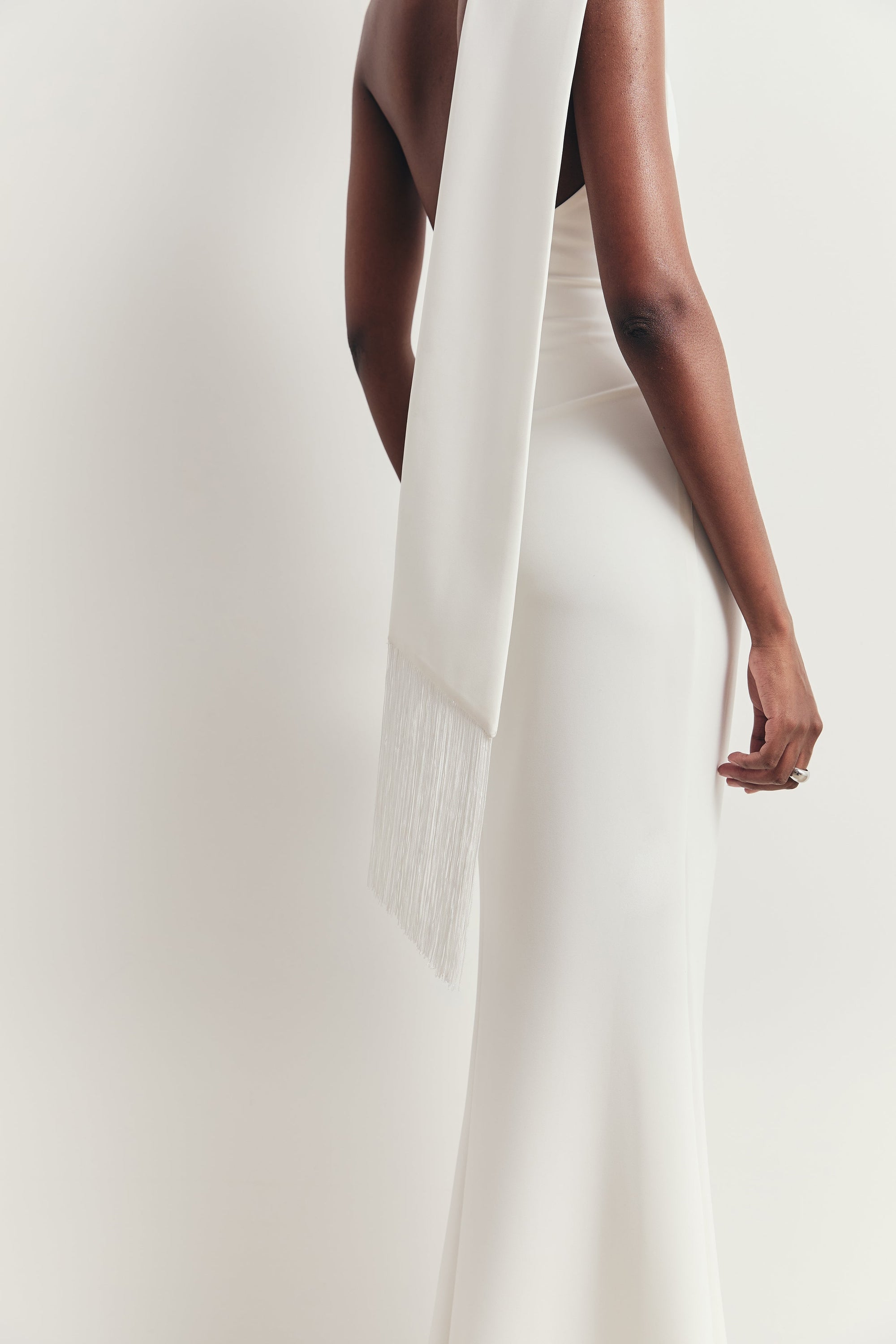 Asymmetric Scarf Gown With Fringing - White