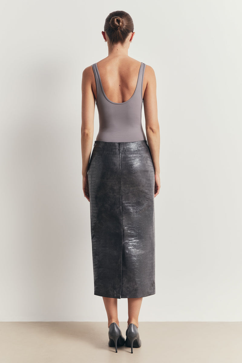Croc Embossed Leather Tailored Maxi Skirt - Slate