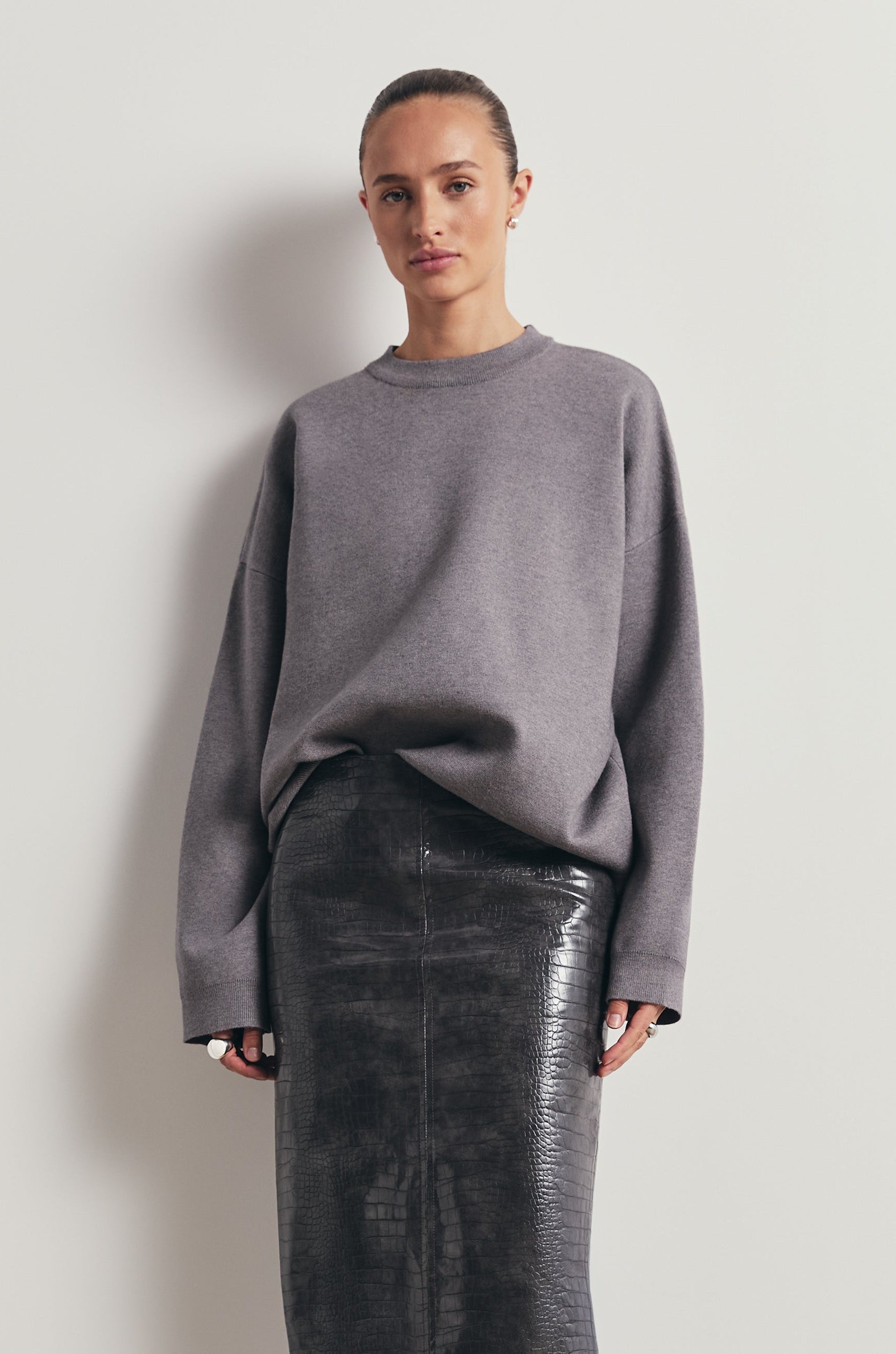 Relaxed Dropped Shoulder Crew Neck Jumper - Slate
