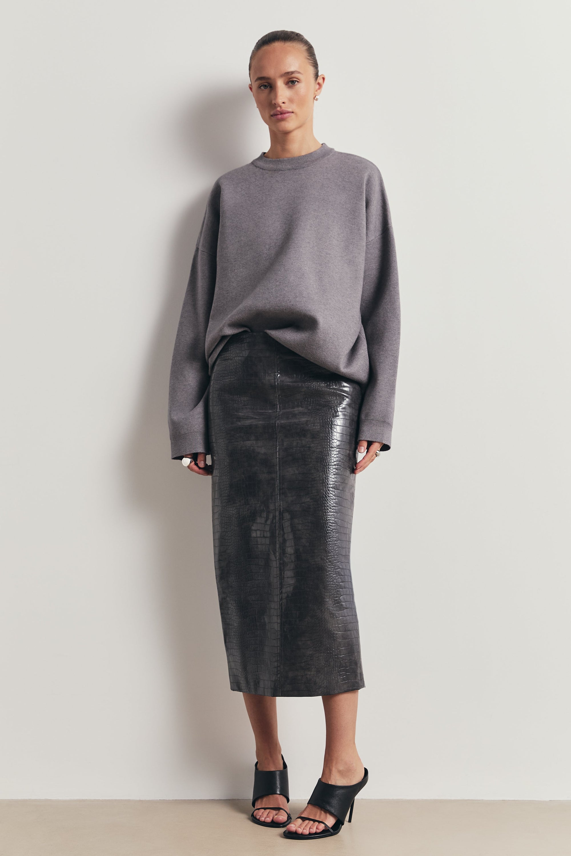 Croc Embossed Leather Tailored Maxi Skirt - Slate