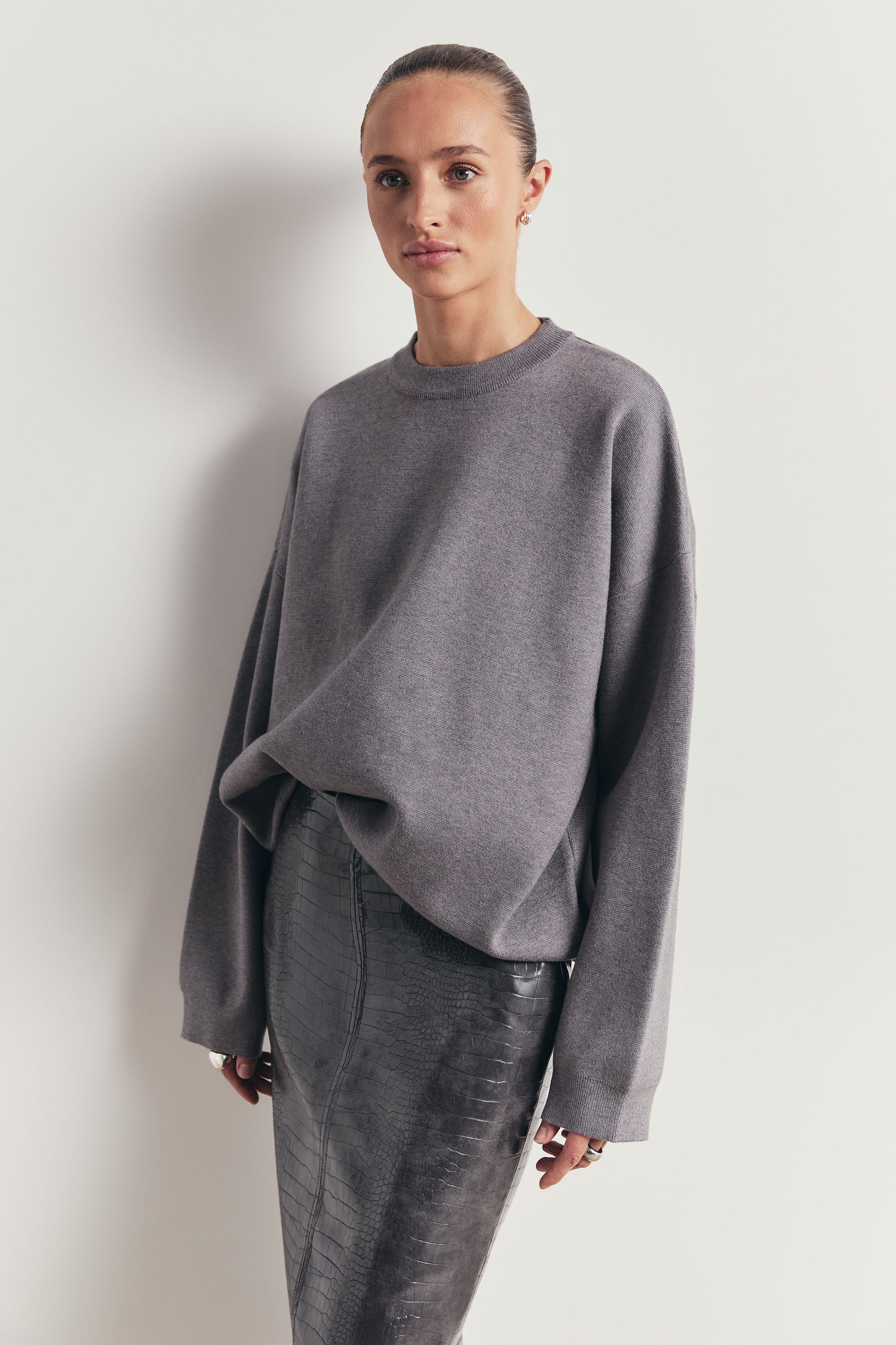 Relaxed Dropped Shoulder Crew Neck Jumper - Slate