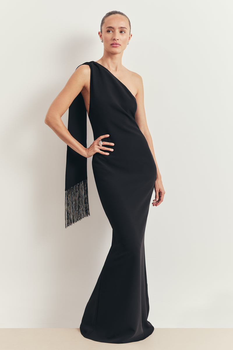Asymmetric Scarf Gown With Fringing - Black