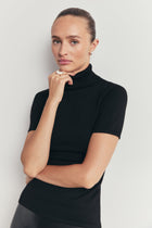 Wool Blend Cap Sleeve Polo Neck Top - Black