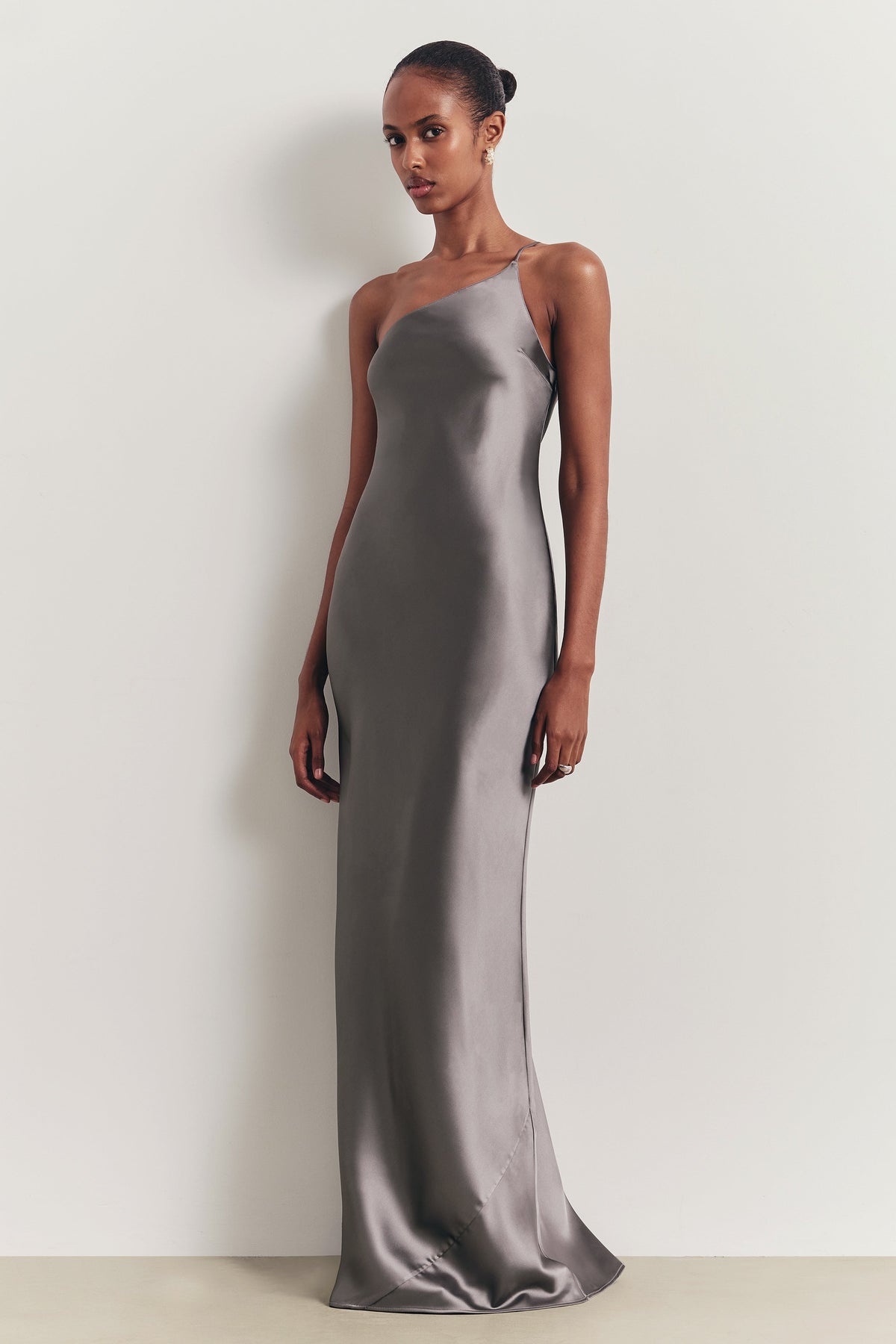 Satin Slip One Shoulder Maxi Dress - Slate