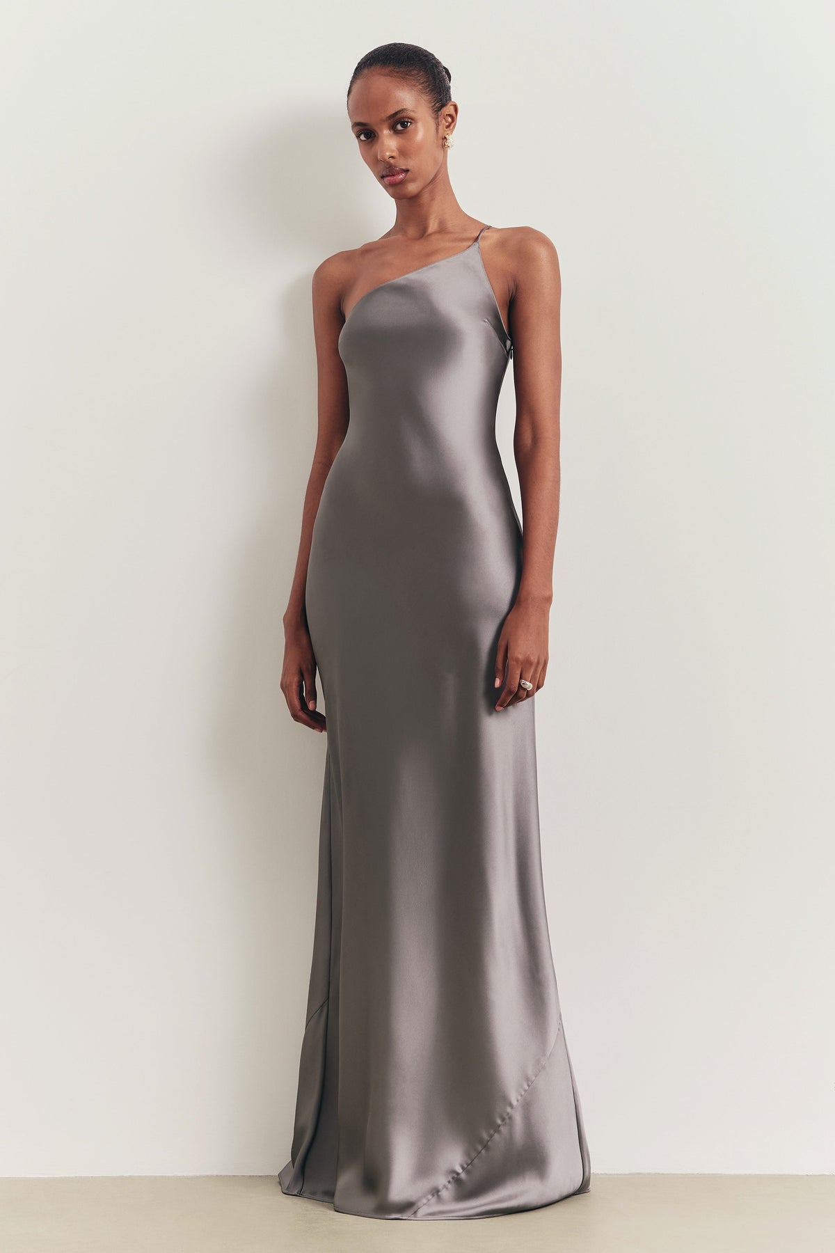 Satin Slip One Shoulder Maxi Dress - Slate
