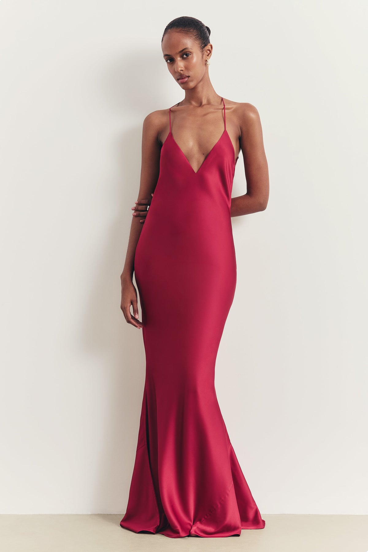 Satin Slinky Cowl Back Gown - Scarlet