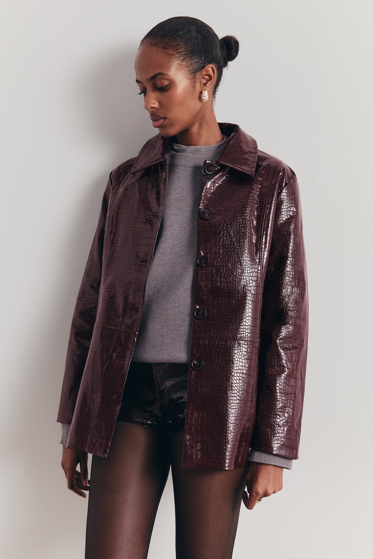 Croc Embossed Leather Tailored Micro Shorts - Oxblood