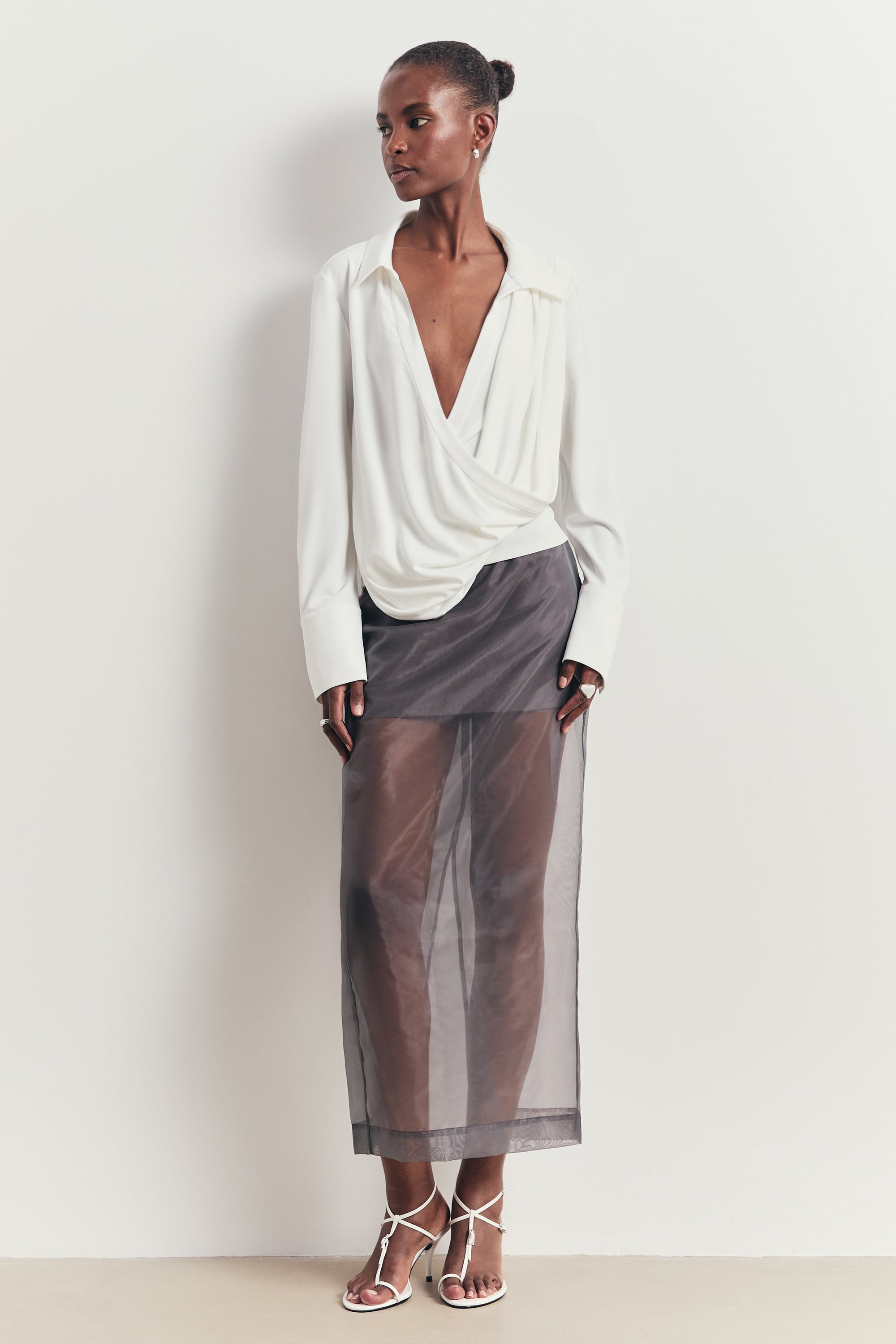 Soft Draped Plunge Front Shirt - White