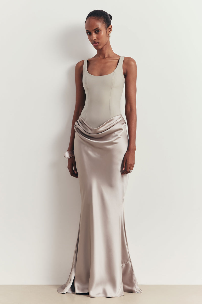 Tailored Corset Gown With Draped Hip - Stone