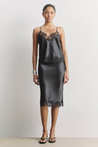 Satin Lace Detail Midi Skirt - Black