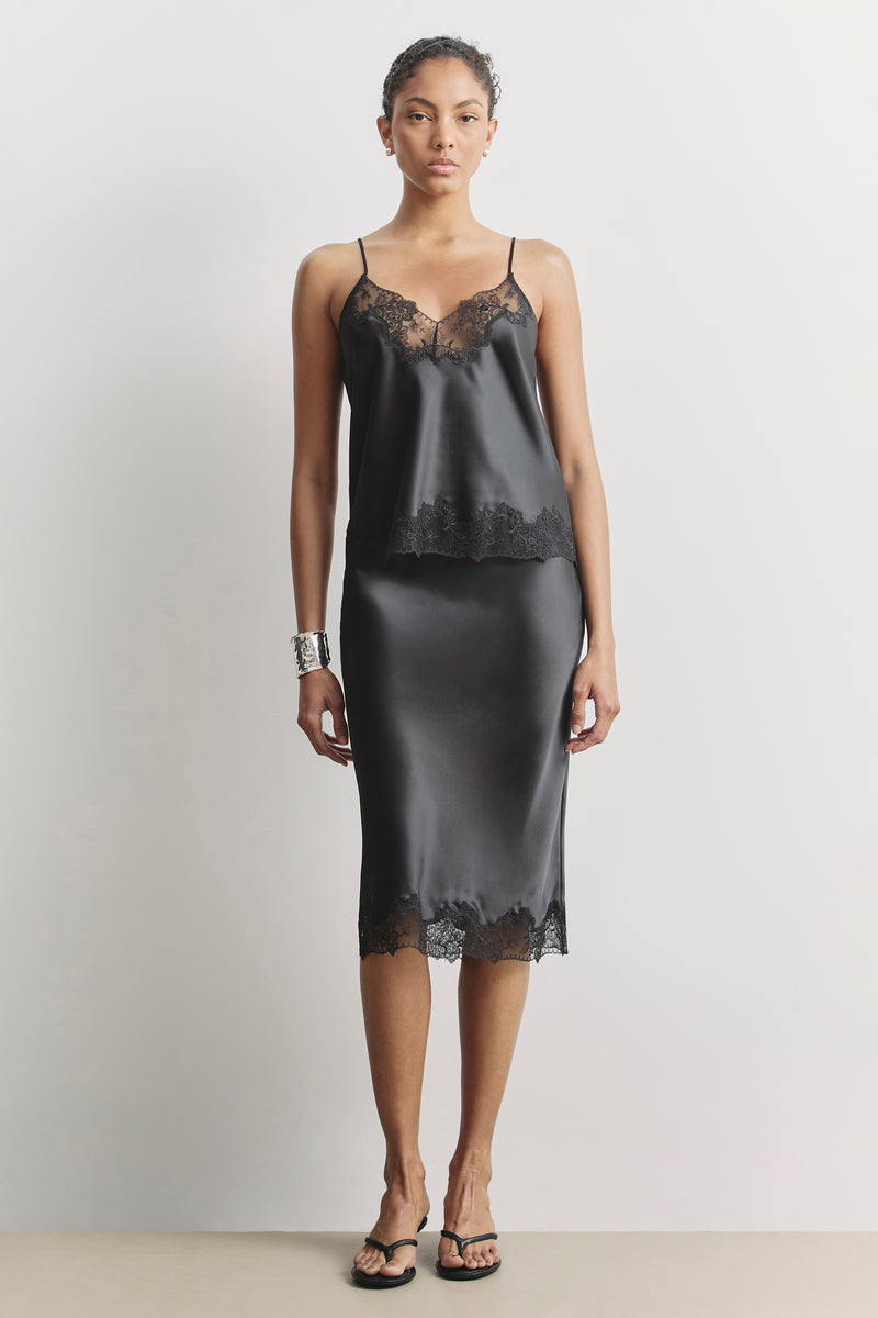 Satin Lace Detail Midi Skirt - Black