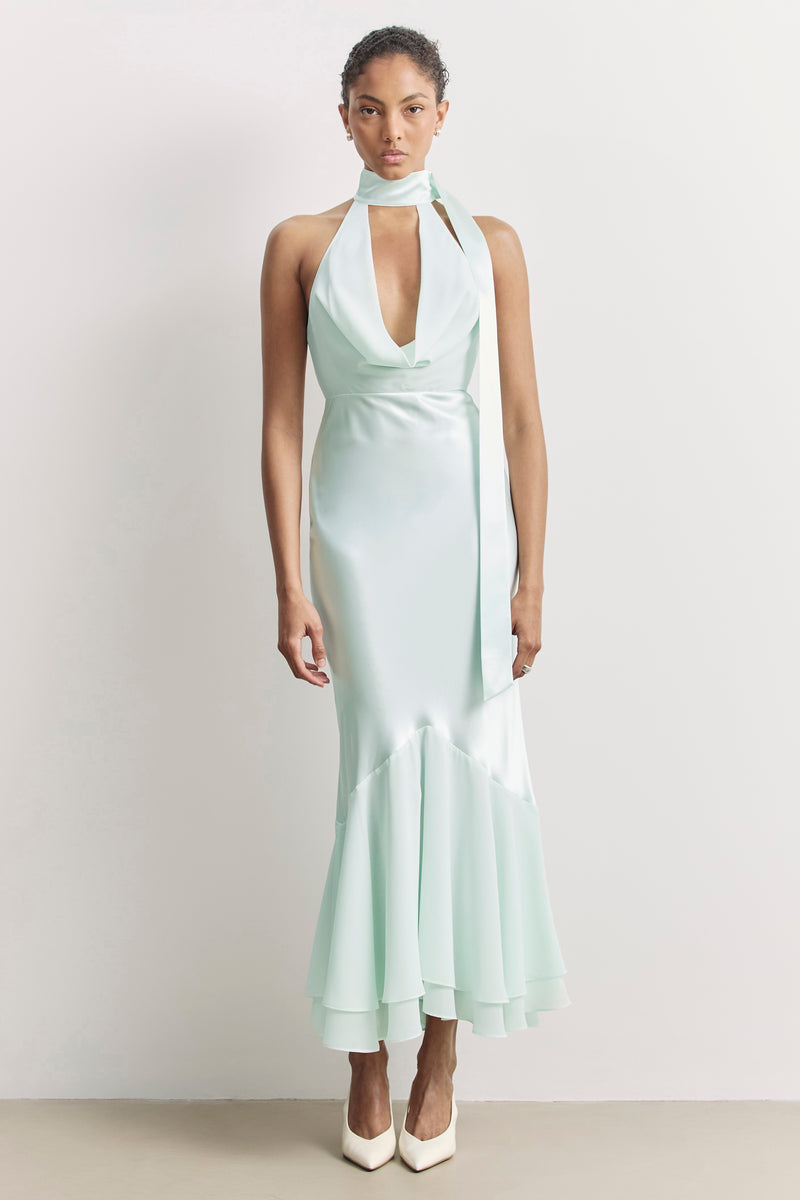 Satin Panel Scarf Detail Midi Dress - Mint