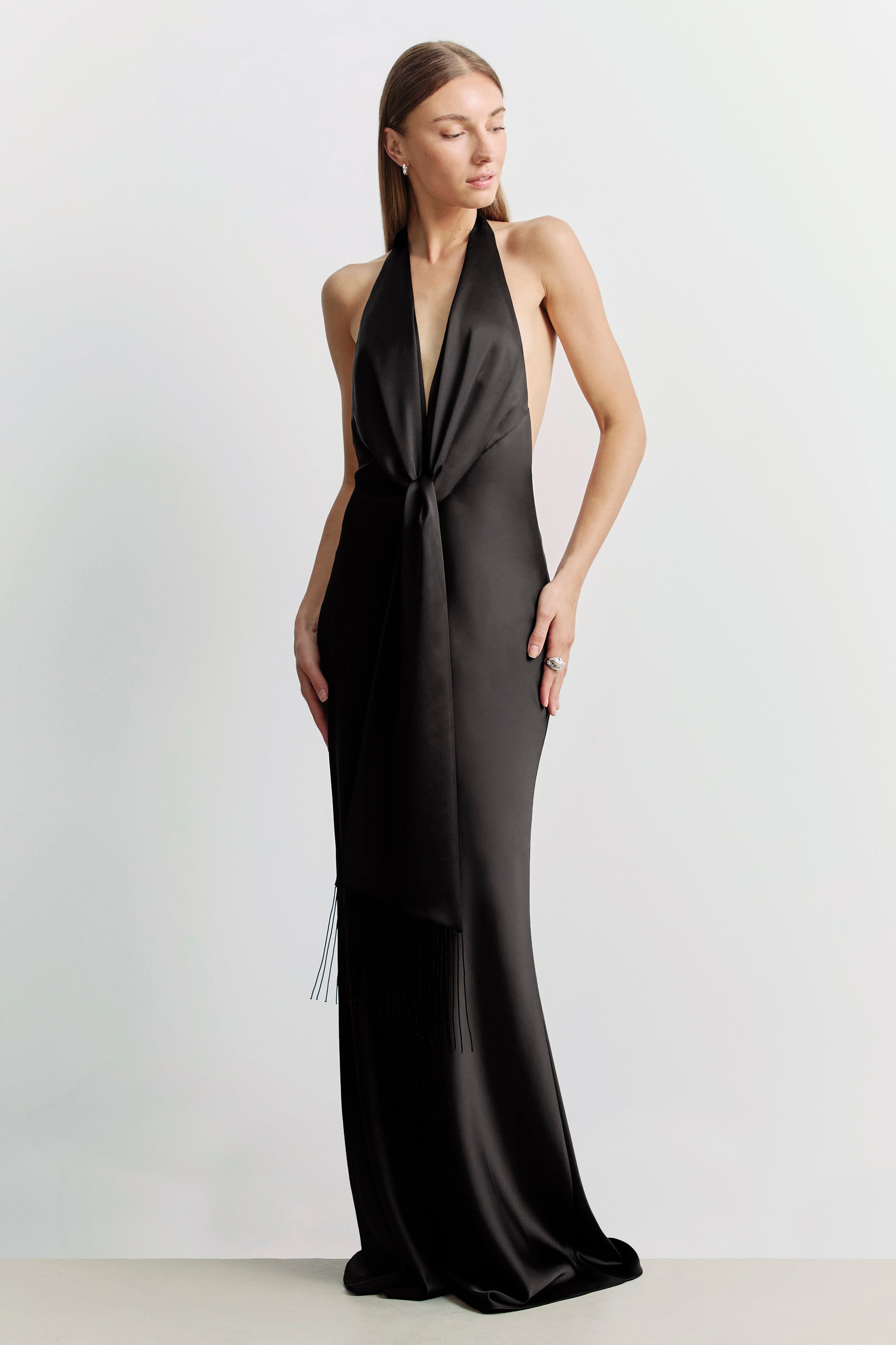 Plunging Knot Detail Gown with Fringing - Black