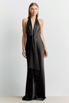 Plunging Knot Detail Gown with Fringing - Black