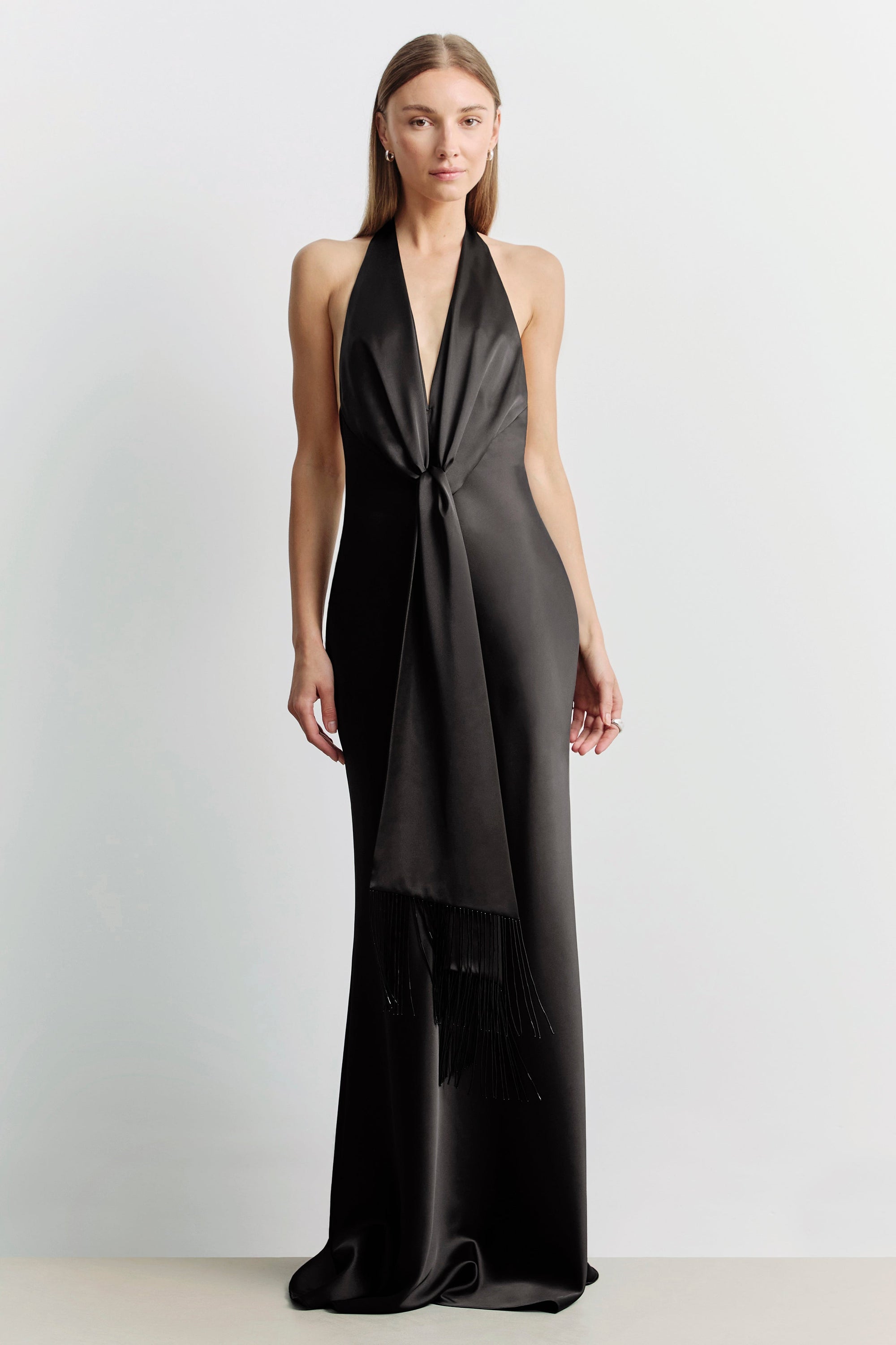 Plunging Knot Detail Gown with Fringing - Black