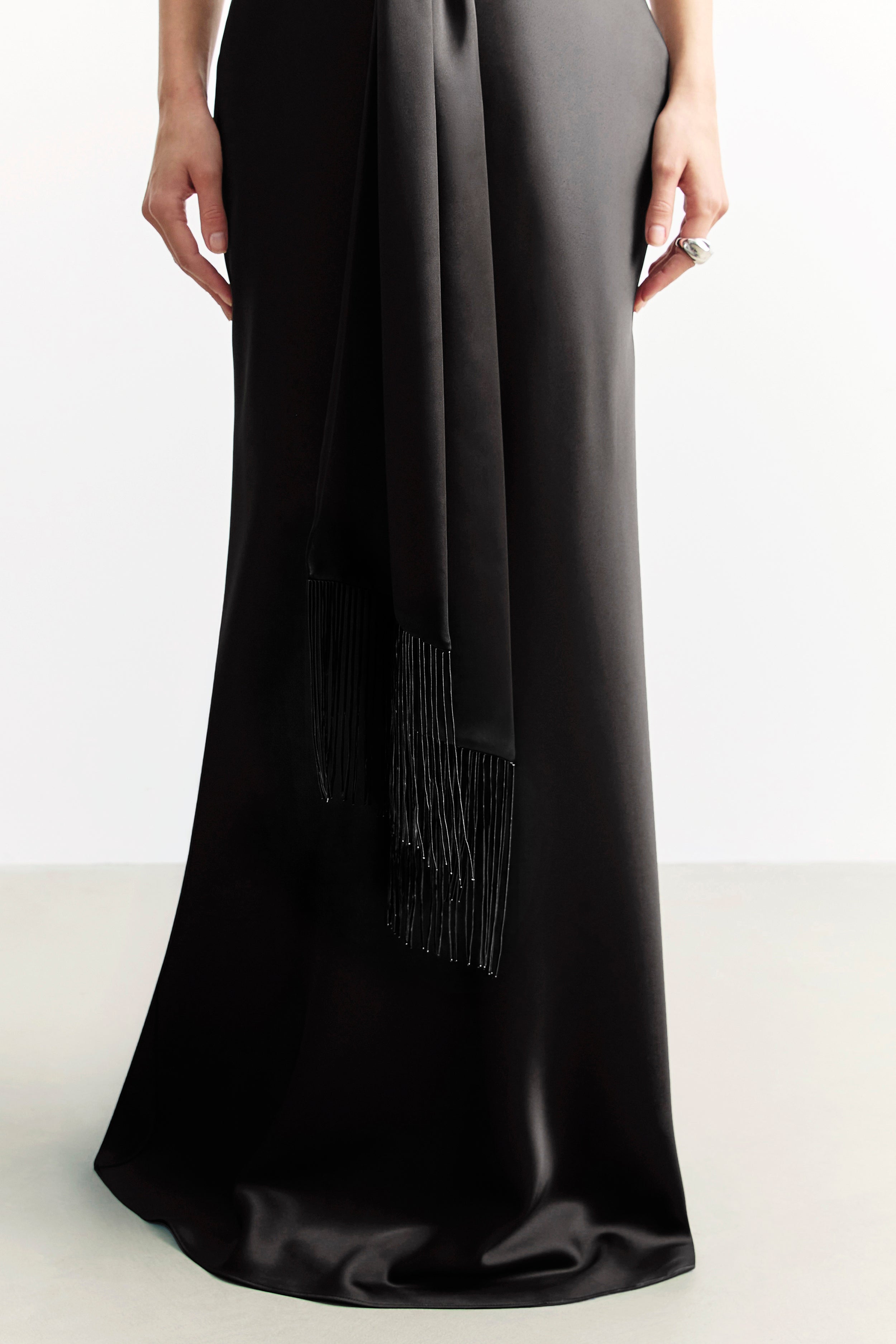 Plunging Knot Detail Gown with Fringing - Black