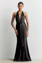 Plunging Knot Detail Gown with Fringing - Black