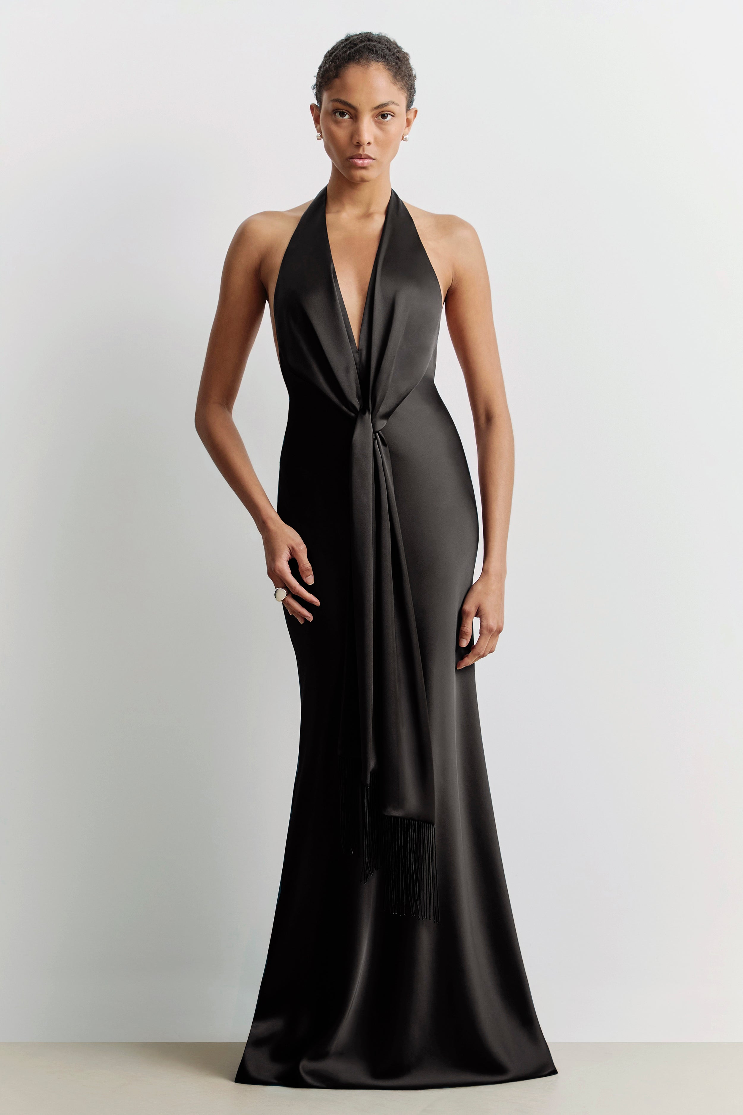 Plunging Knot Detail Gown with Fringing - Black