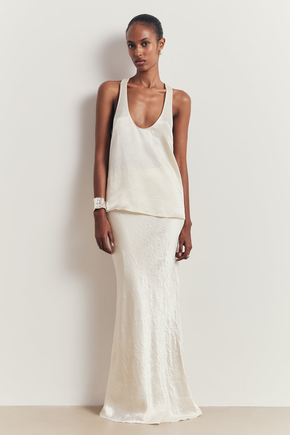 Crushed Satin Bias Cut Maxi Skirt - Champagne