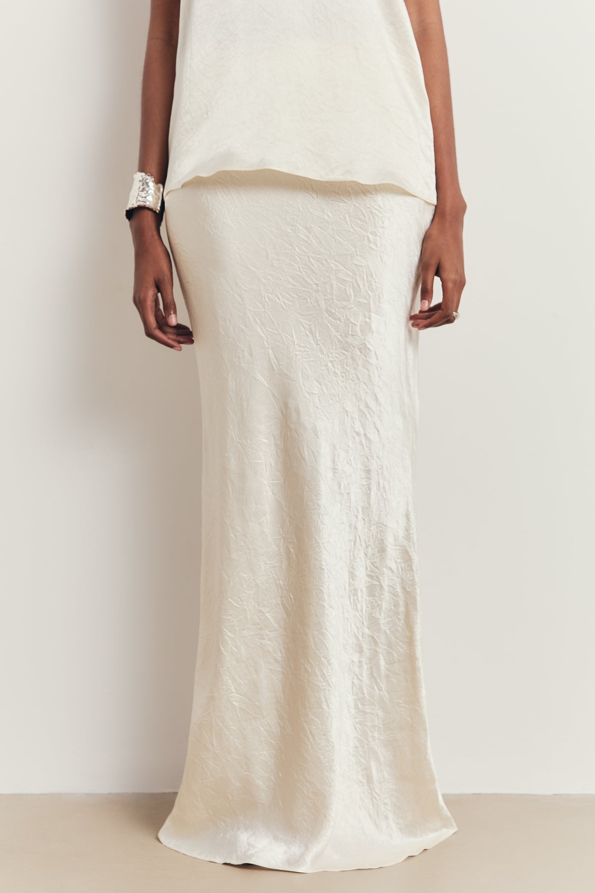 Crushed Satin Bias Cut Maxi Skirt - Champagne