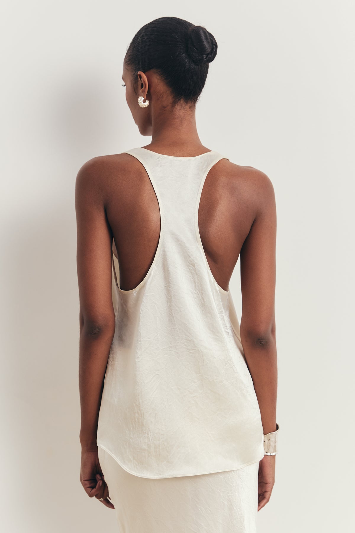 Crushed Satin Plunge U Neck Tank Top - Champagne