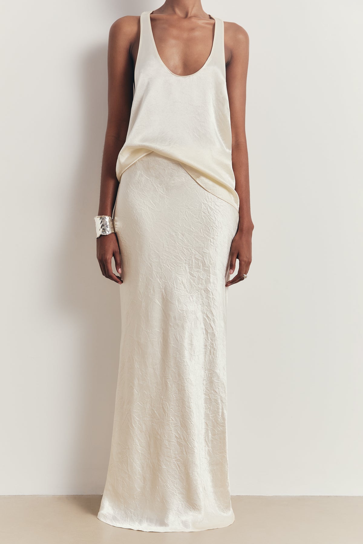 Crushed Satin Bias Cut Maxi Skirt - Champagne