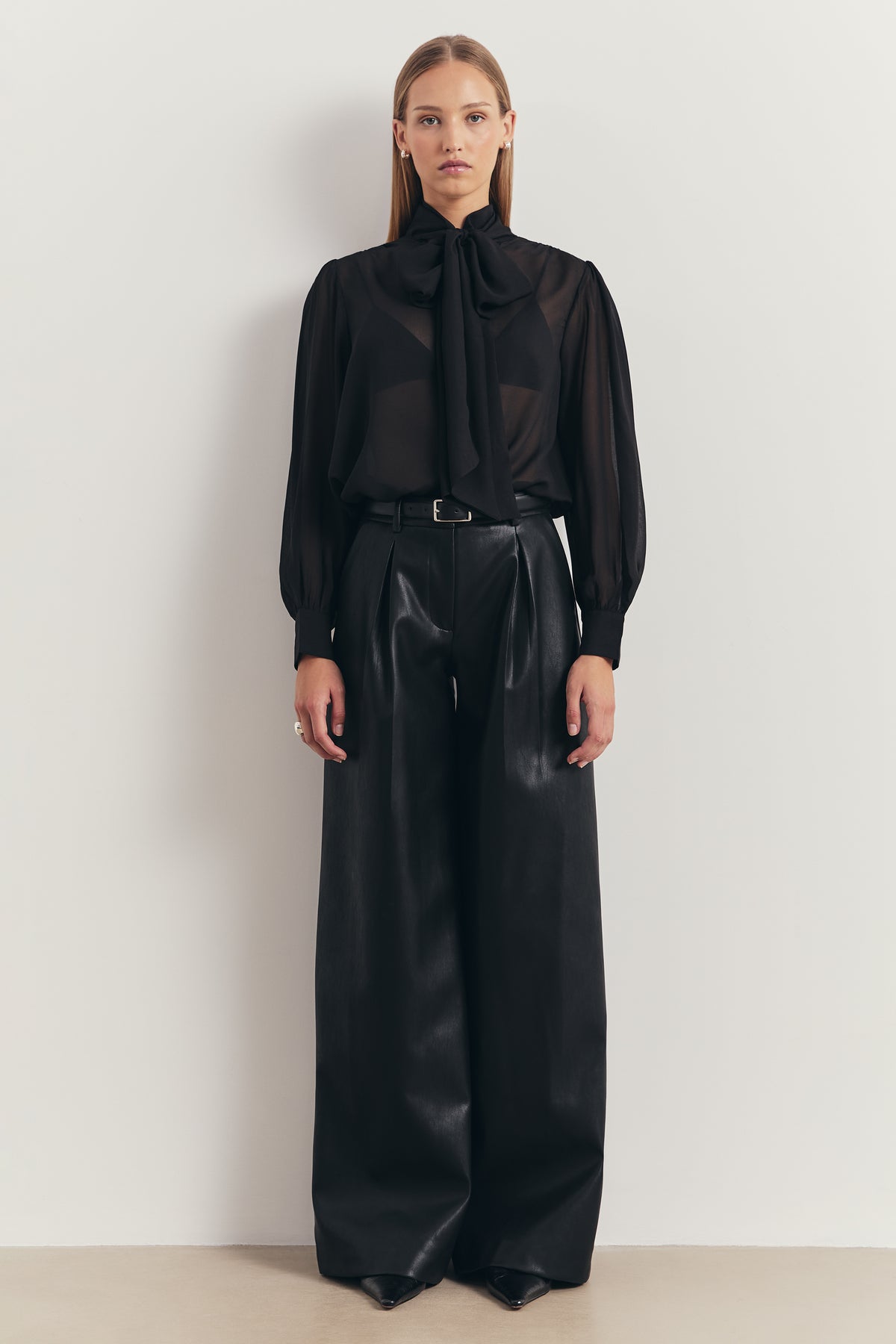 Sheer Chiffon Tie Neck Blouse - Black