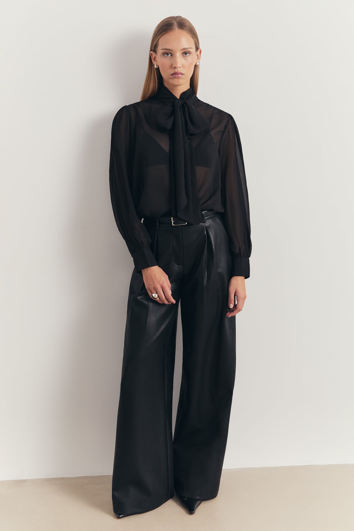 Sheer Chiffon Tie Neck Blouse - Black