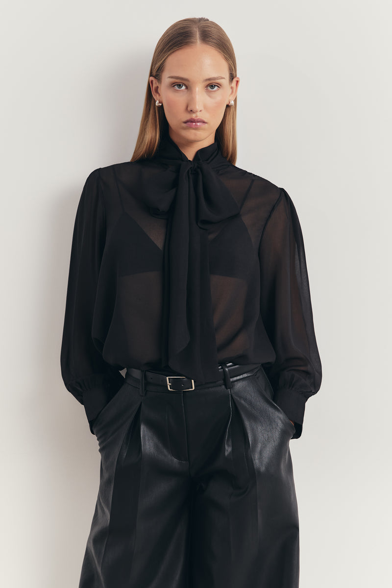 Sheer Chiffon Tie Neck Blouse - Black