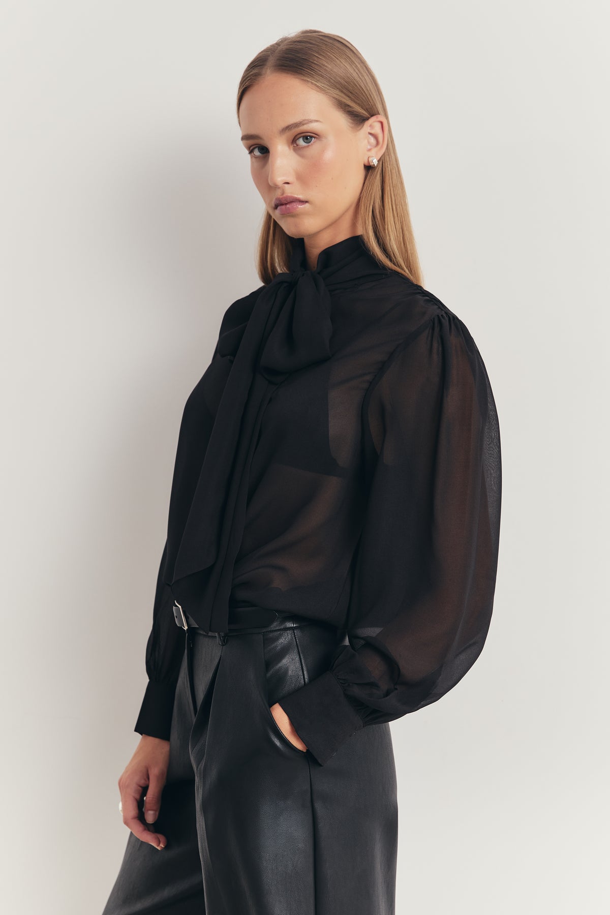 Sheer Chiffon Tie Neck Blouse - Black