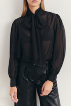 Sheer Chiffon Tie Neck Blouse - Black