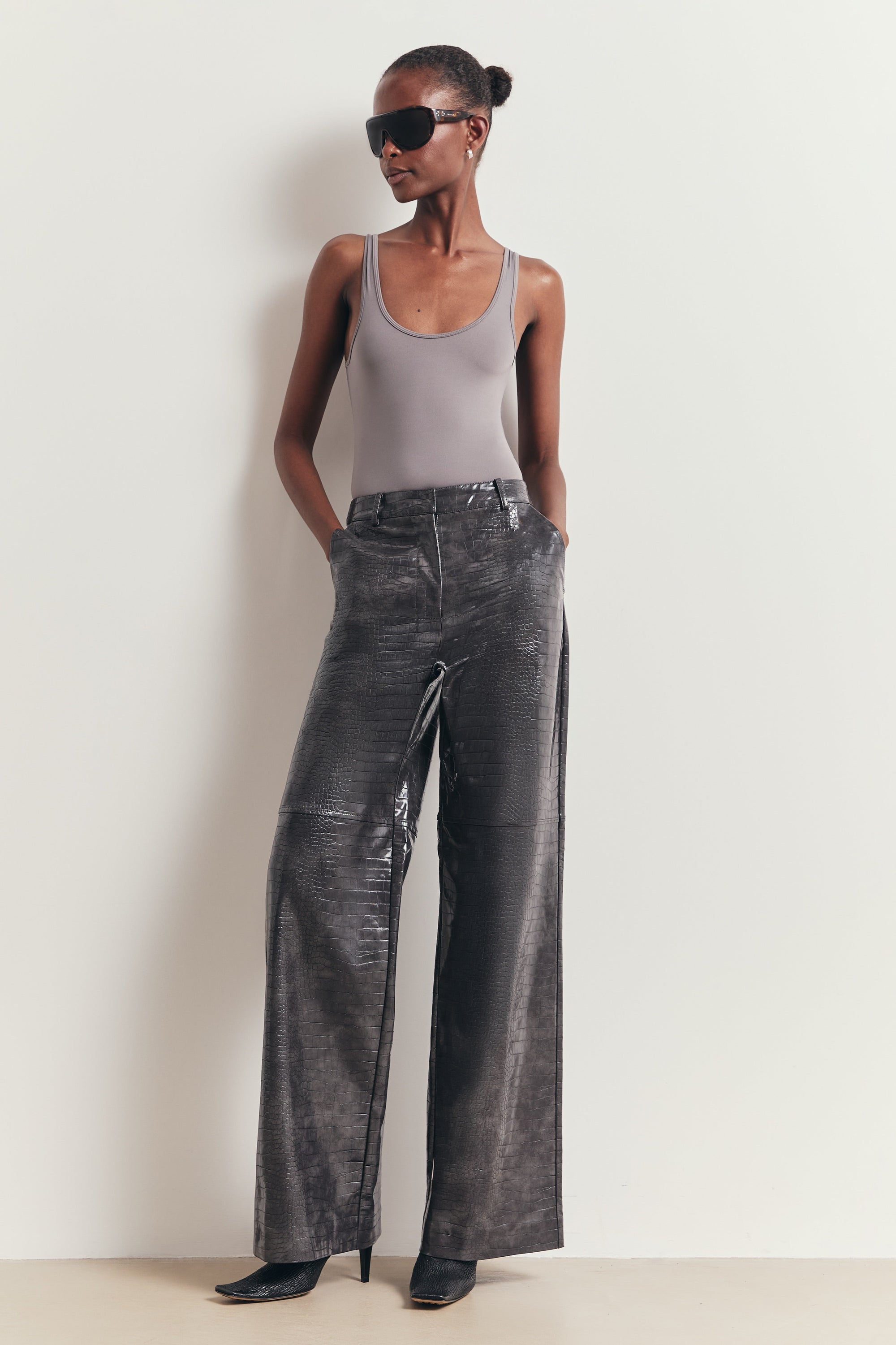 Semi Sheer Scoop Neck Bodysuit - Slate