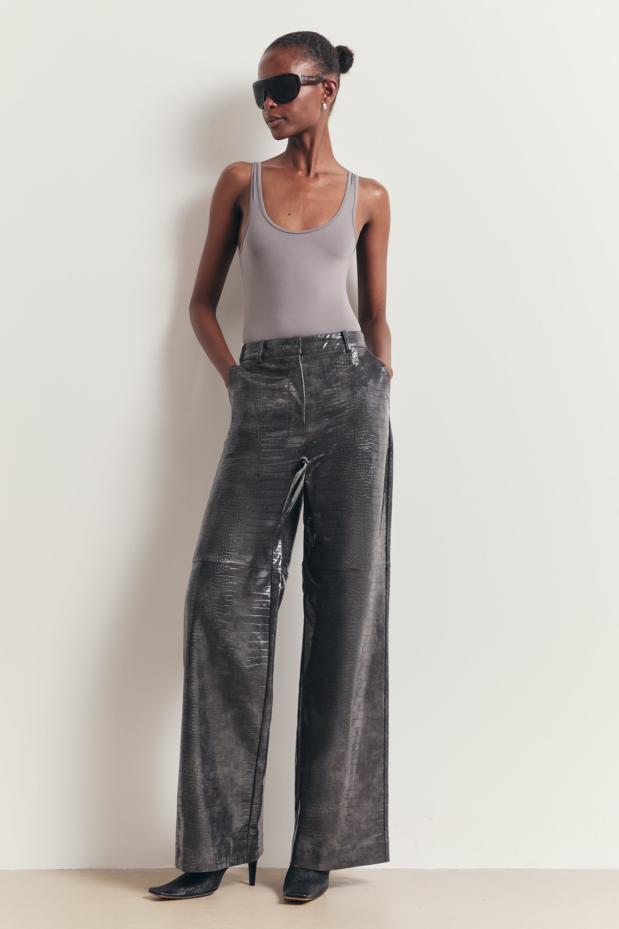 Croc Embossed Leather Wide Leg Trousers - Slate
