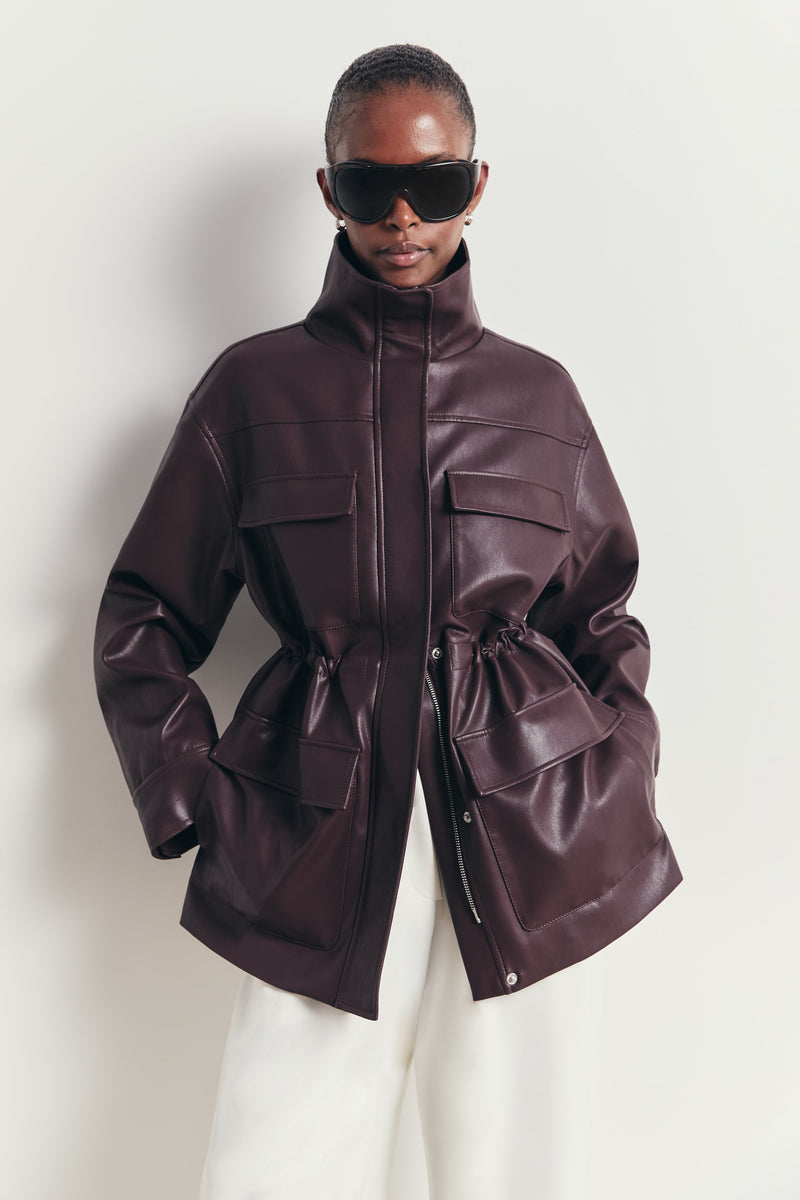 Leather Cargo Utility Jacket - Oxblood
