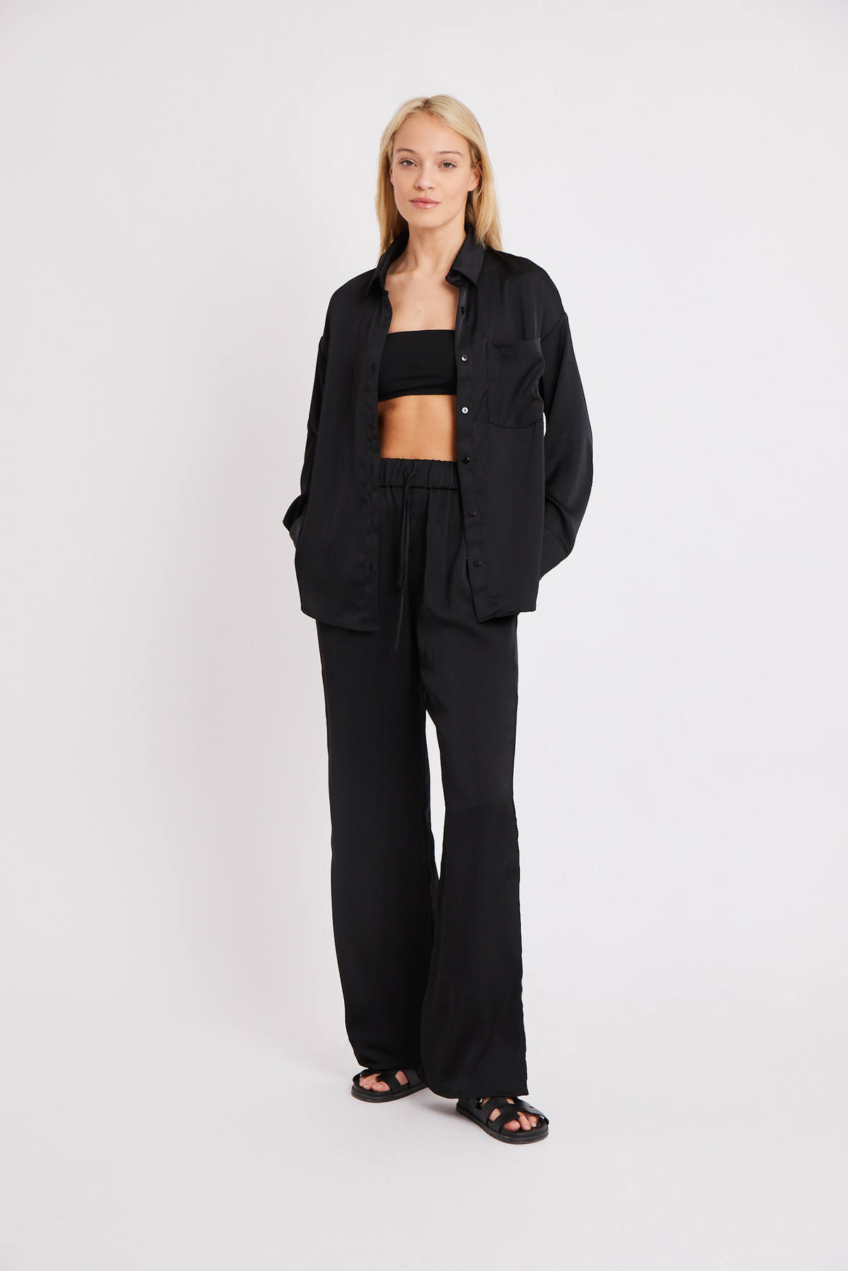Relaxed Satin Drawstring Trousers - Black